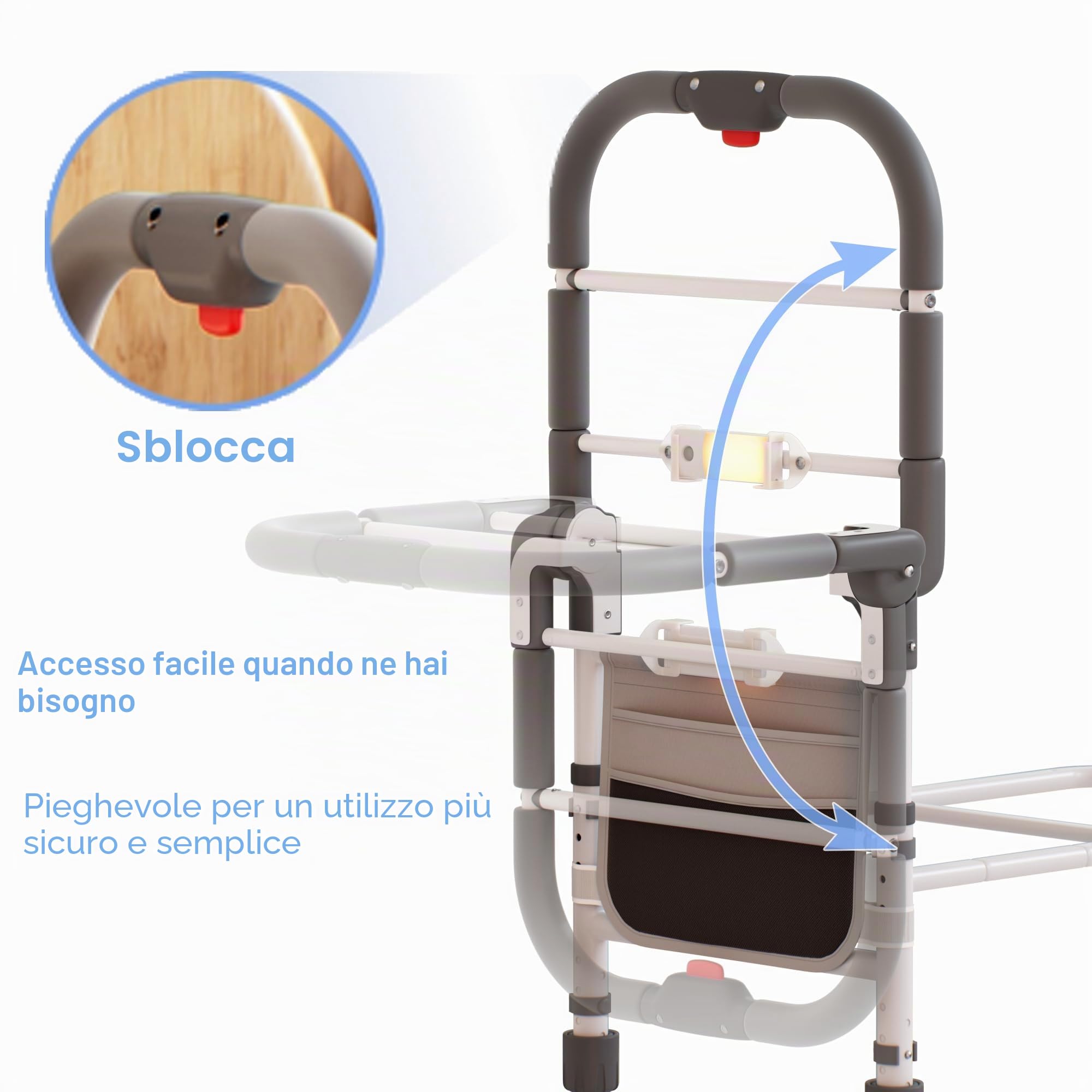 Sponda Letto Anziani,Sponde per letto Anziani con borsa Supporto Regolabile in Altezza Pieghevole,Maniglia Antiscivolo,Luce con Sensore di Movimento,Adatto a Qualsiasi letto,Portata 160 kg