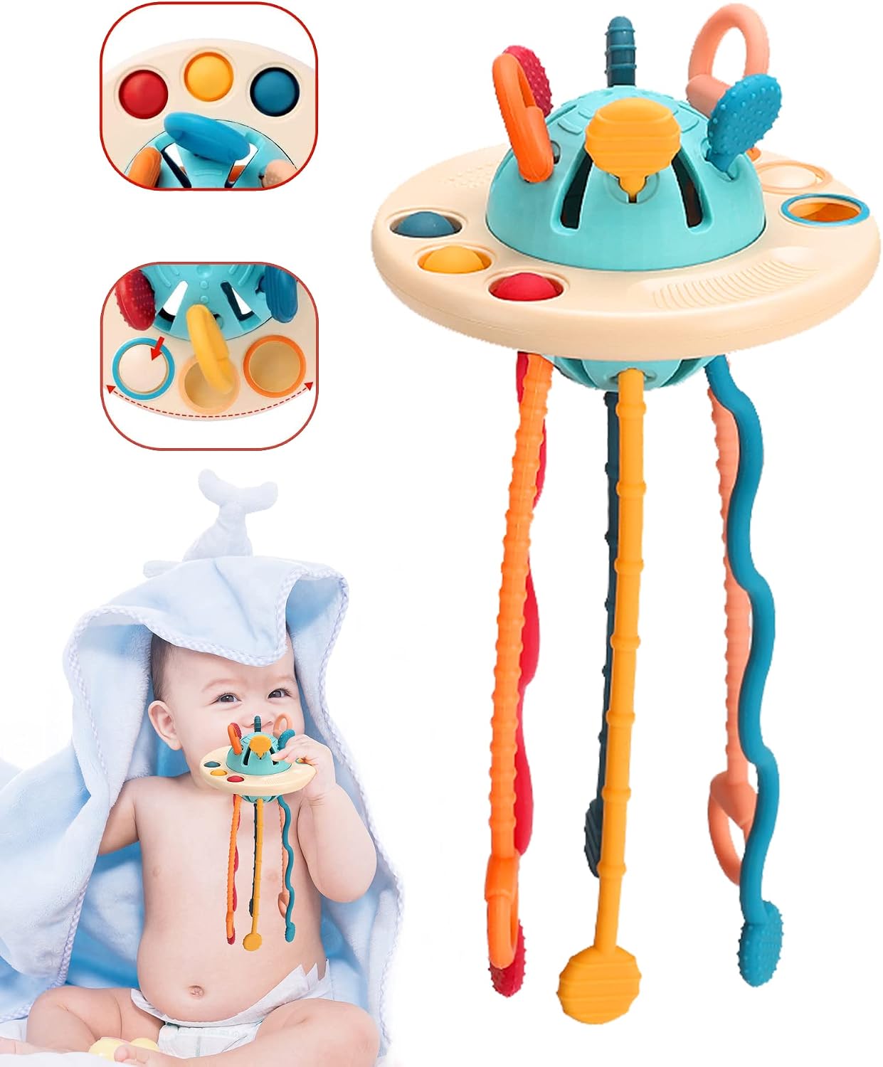 Montessori Toys for 1 Year Old, Baby Sensory Travel Toys for Toddlers 1-3, UFO Grade Silicone Pull String, Educational Bath Teething Toys 18 Months, Christmas Birthday Easter Gifts for Boys and Girls