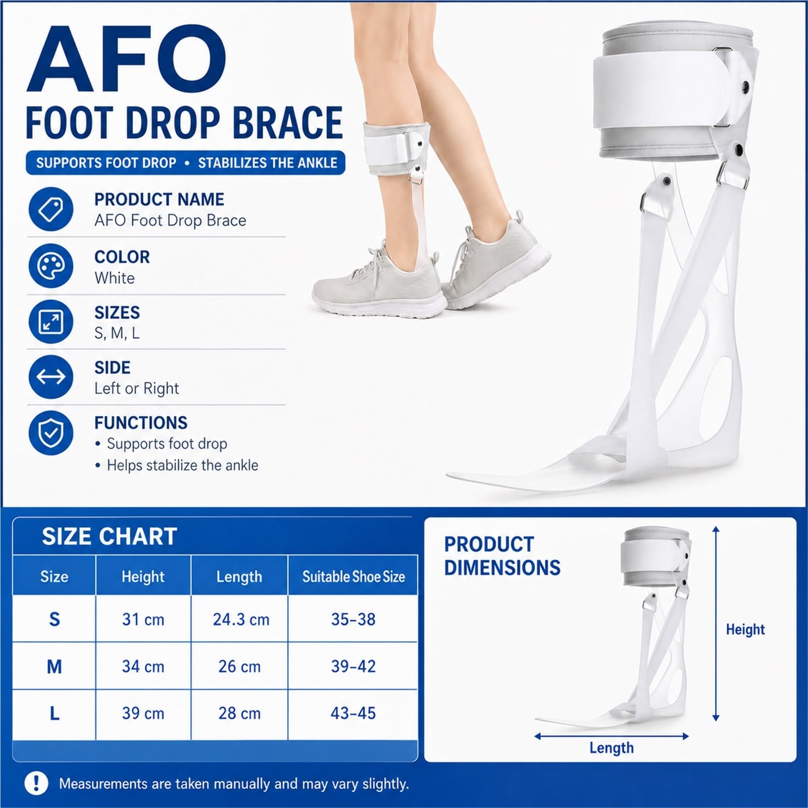 Attelle Releveur de Pied Orthèse AFO pour Pied Tombant Correction Posturale Équipement de Rééducation Post-AVC Paralysie du Nerf Péronier Support de Cheville(Droite,M)