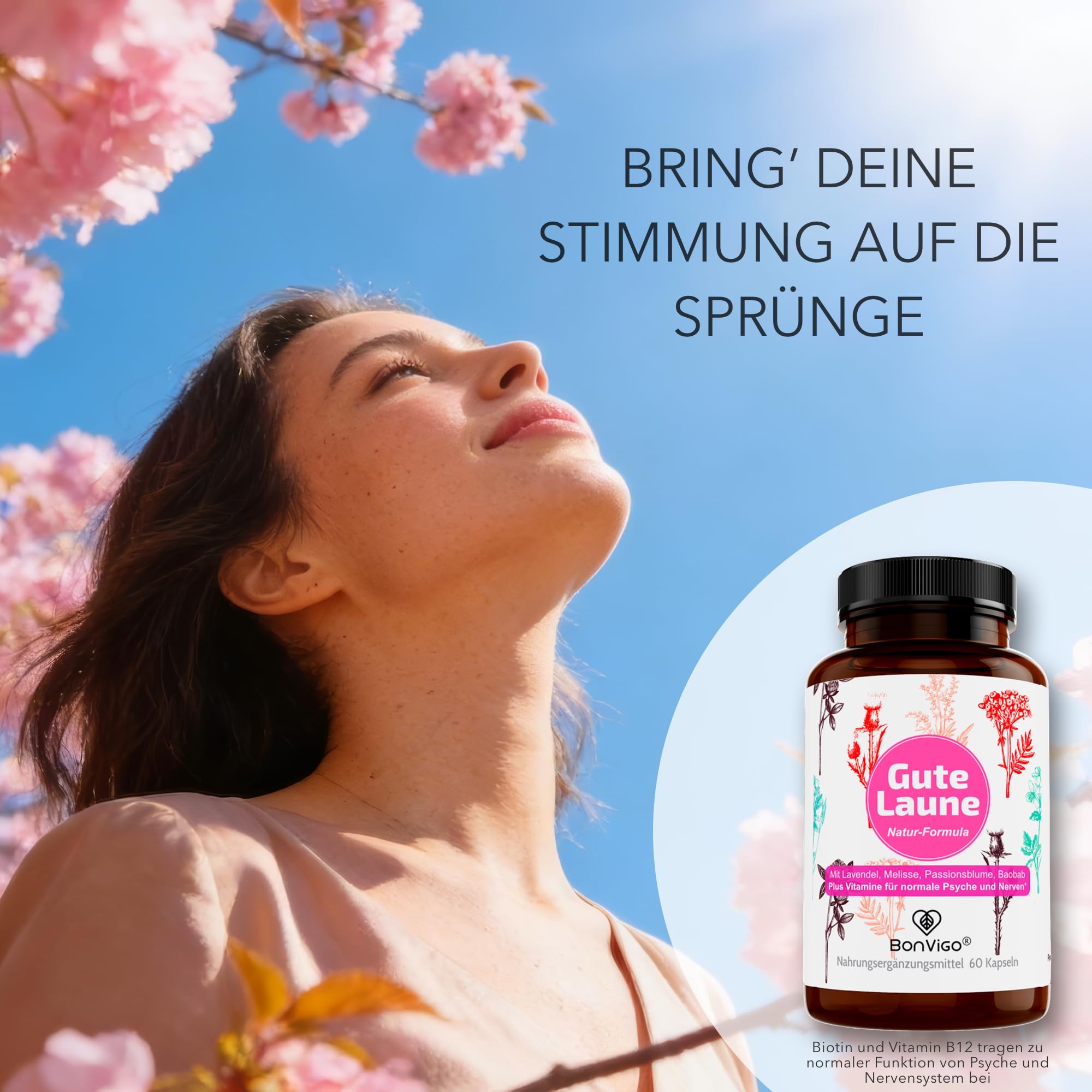 GUTE LAUNE - Normale Funktion Nervensystem & Psyche unterstützen (Vit. B7 B12), die Gehirn-Botenstoffe (Vit. B5) - Natur-Komplex Lavendel Passionsblume Melisse, Tryptophan, 120 Kapseln