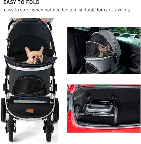 Miniatura 7 de Kenyone Cochecito para mascotas 3 en 1 para perros medianos y pequeños, cochecito grande para gatos con transportador desmontable para cachorros,