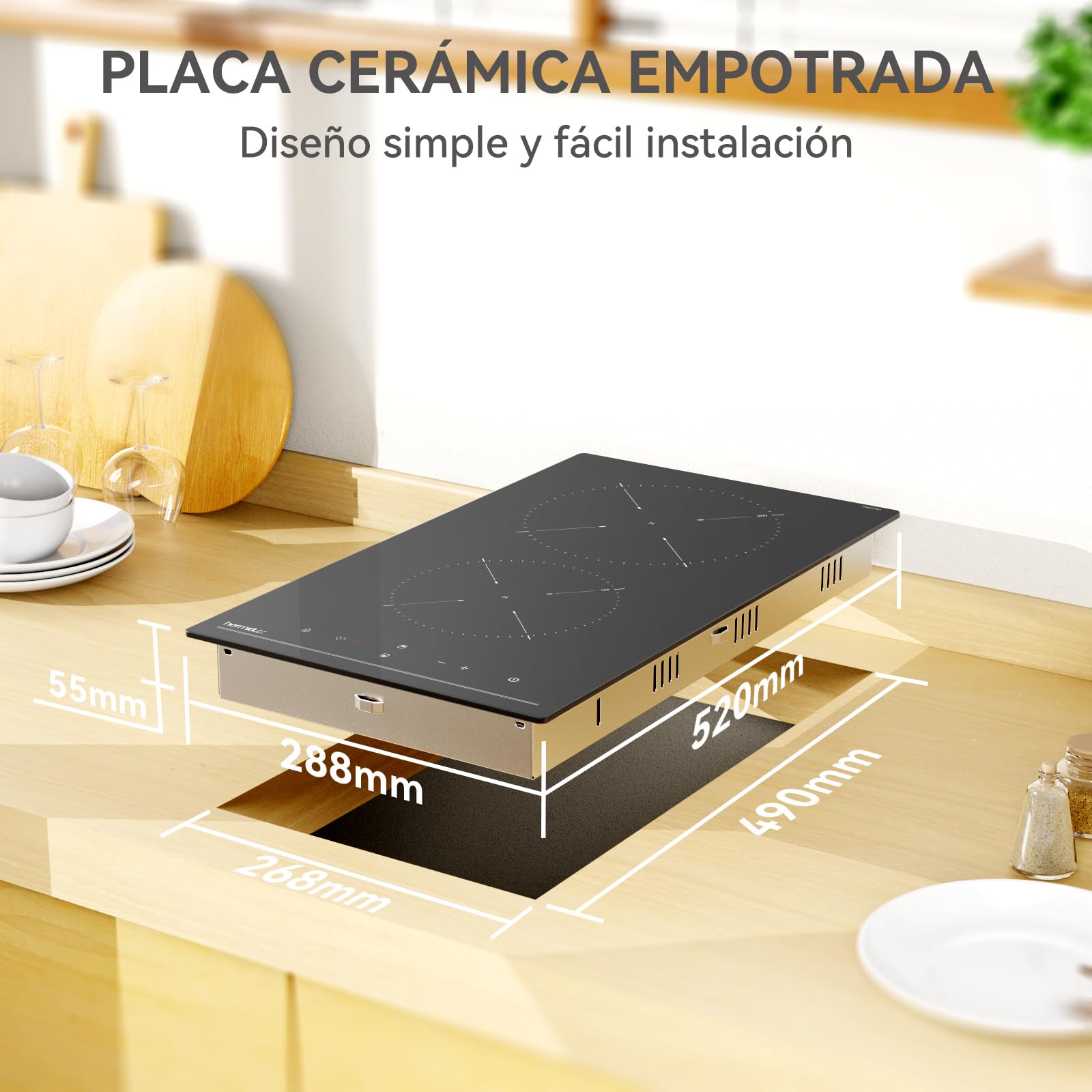 Hermitlux placa vitrocerámica 2 fuegos 28,8cm, 9 niveles de potencia, control táctil, temporizador, seguro para niños, apta para todo tipo de sartenes, 3300W — view 2