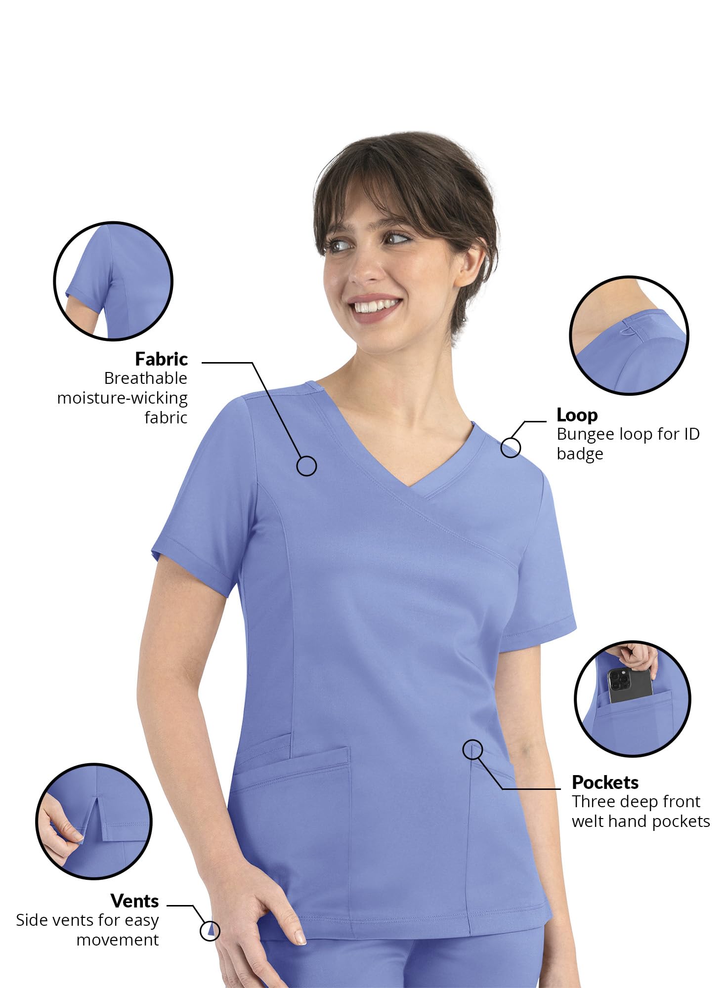 Maevn Matrix Curved Mock Wrap Stretchy Scrub Top (Large, Ceil Blue)