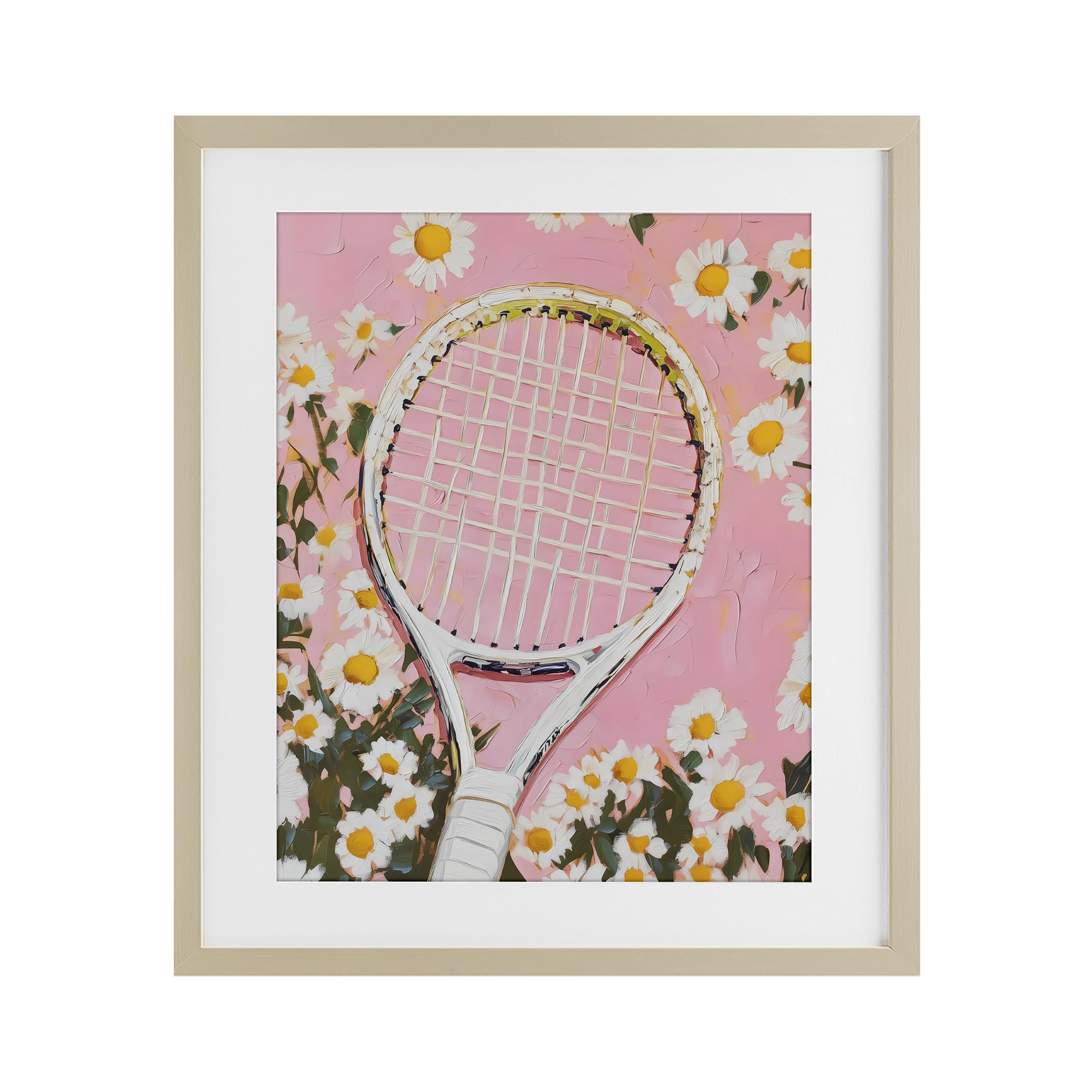 Stupell Industries Harvest Pine (Textured) 'Pink Tennis Racket & Daisies', Framed Print Under Glass, Brown, 13 X 16 Inches, Easy To Hang And Sturdy, Made In Usa, By Lsr Design Studio