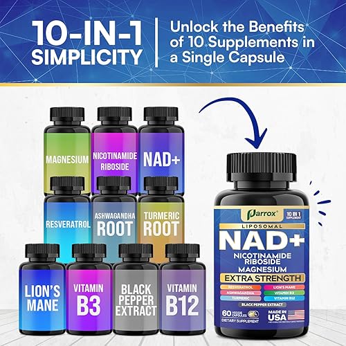 Miniatura 4 de Suplemento NAD+ con NAD liposomal, ribósido de nicotinamida, magnesio, vitamina B3 y B12, resveratrol, cúrcuma, Ashwagandha, melena de león,