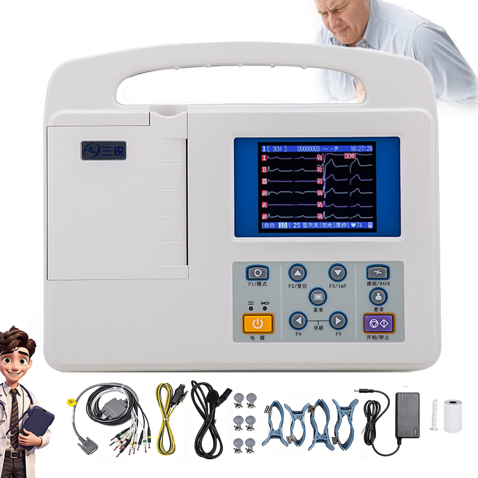 Monitor Ecg/Ecg Portatile, Monitor per Salute Cardiaca Domestica, Elettrocardiografo Lcd Digitale Colori Professionale Portatile,12 Derivazioni E 3 Canali Con Modalità Dimostrazione Forma D'onda Ecg