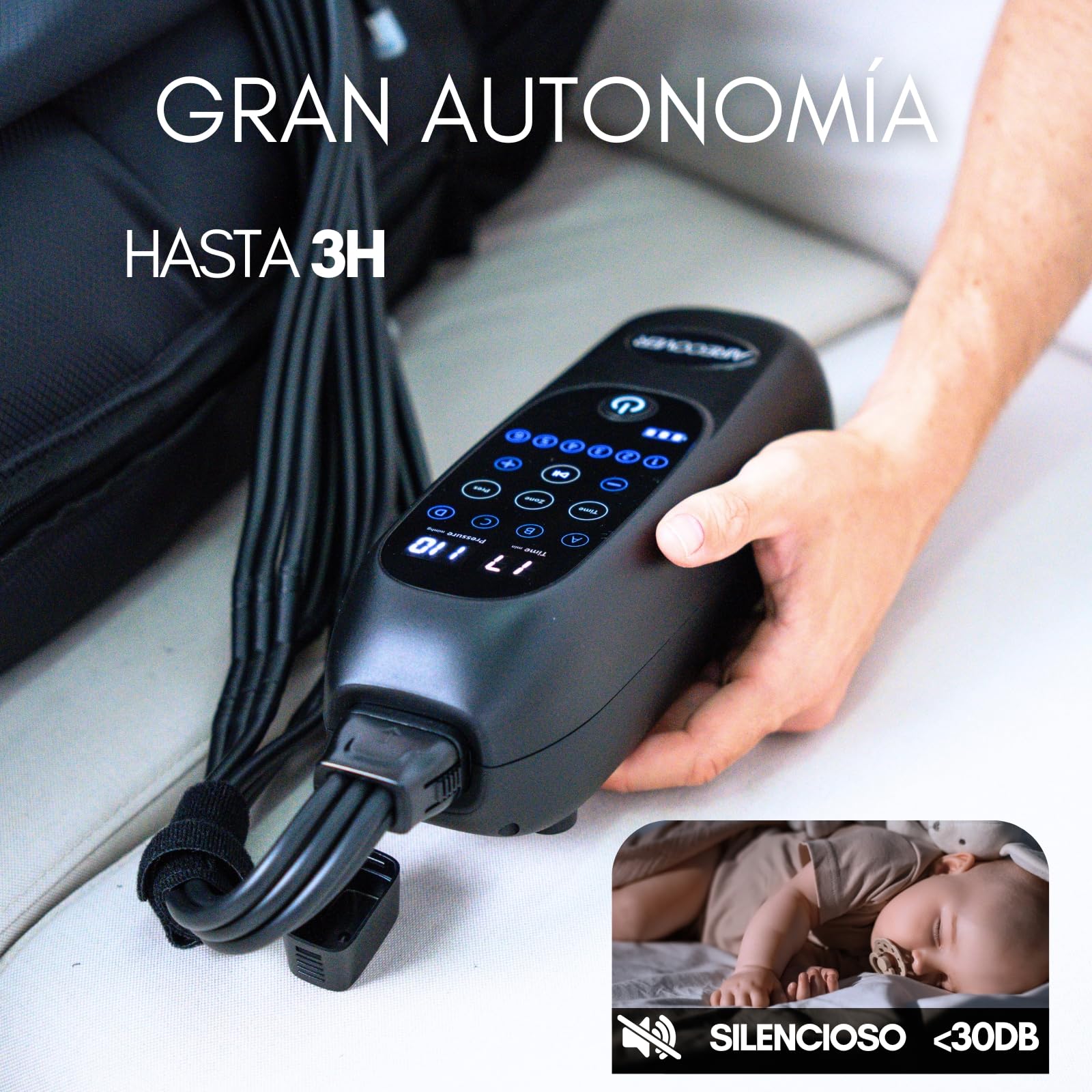 Pantalones de Presoterapia para Casa, Recargables Masajeador de Piernas Cansadas para Circulación y Drenaje Linfático, 6 Cámaras, 4 Modos, 30–250 mmHg, Batería 3H