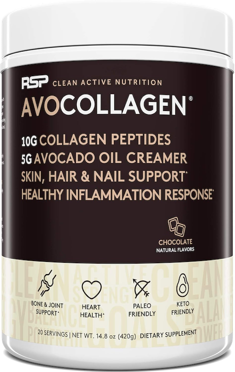 RSP Nutrition AvoCollagen - Collagen Protein Powder Plus Healthy Fats. Grass Fed Collagen Peptides, Keto, Paleo Friendly, Gluten Free, 20 Servings (Chocolate)