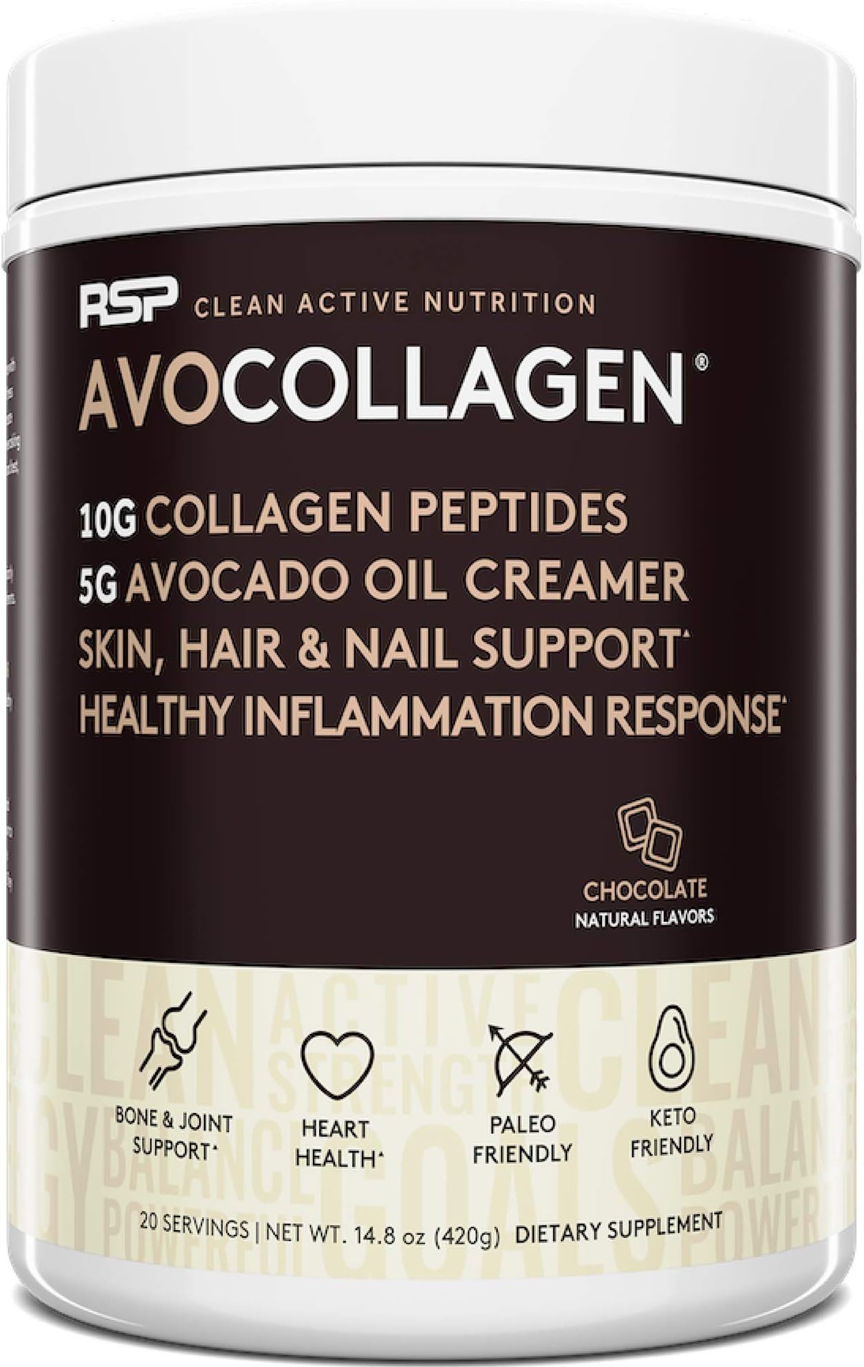 RSP NUTRITION AvoCollagen - Collagen Peptides Protein Powder + Avocado Oil, Grass Fed, Pasture Raised Collagen Protein with Heart Healthy Fats, Keto Friendly, Gluten Free, 20 Servings (Chocolate)