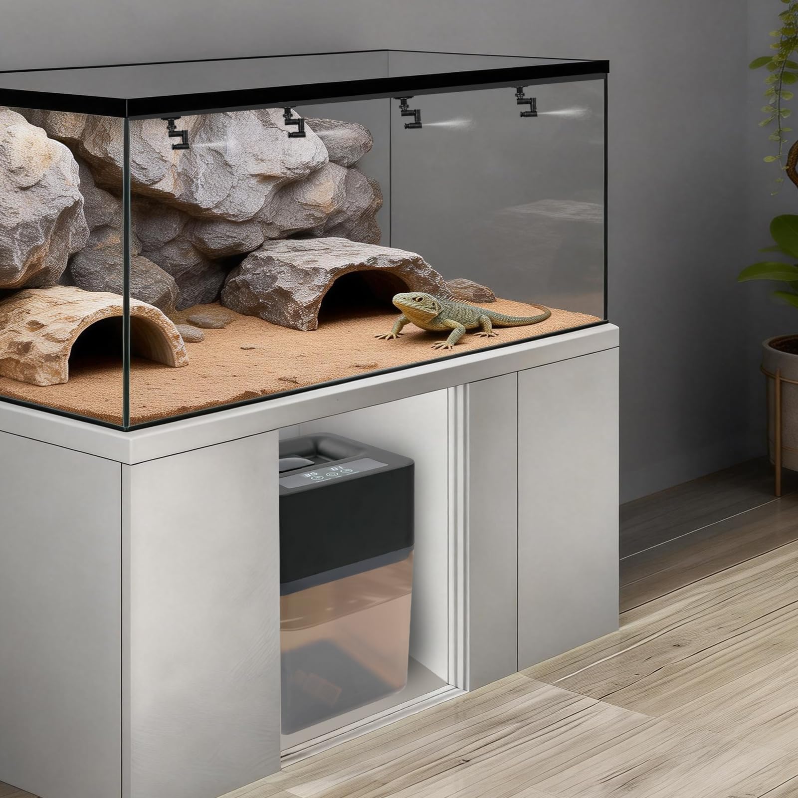 Brumisateur automatique pour reptiles avec 4 buses à 360°, réservoir de 12 l, minuterie (durée de pulvérisation 5 à 60 s / pause 1 à 24 heures), tuyau de 10 m, brume silencieuse pour terrarium