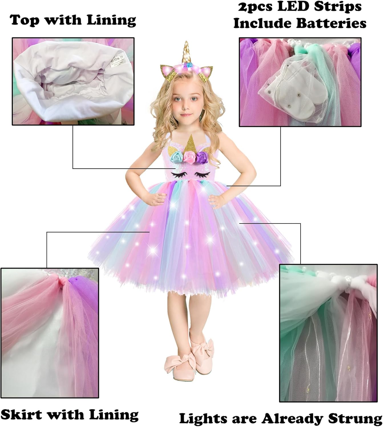 ZeroStage Light Up Unicorn Dress for Girls Halloween Costume Birthday Decorations Princess Outfits Gifts Party LED Tutu - Image 2