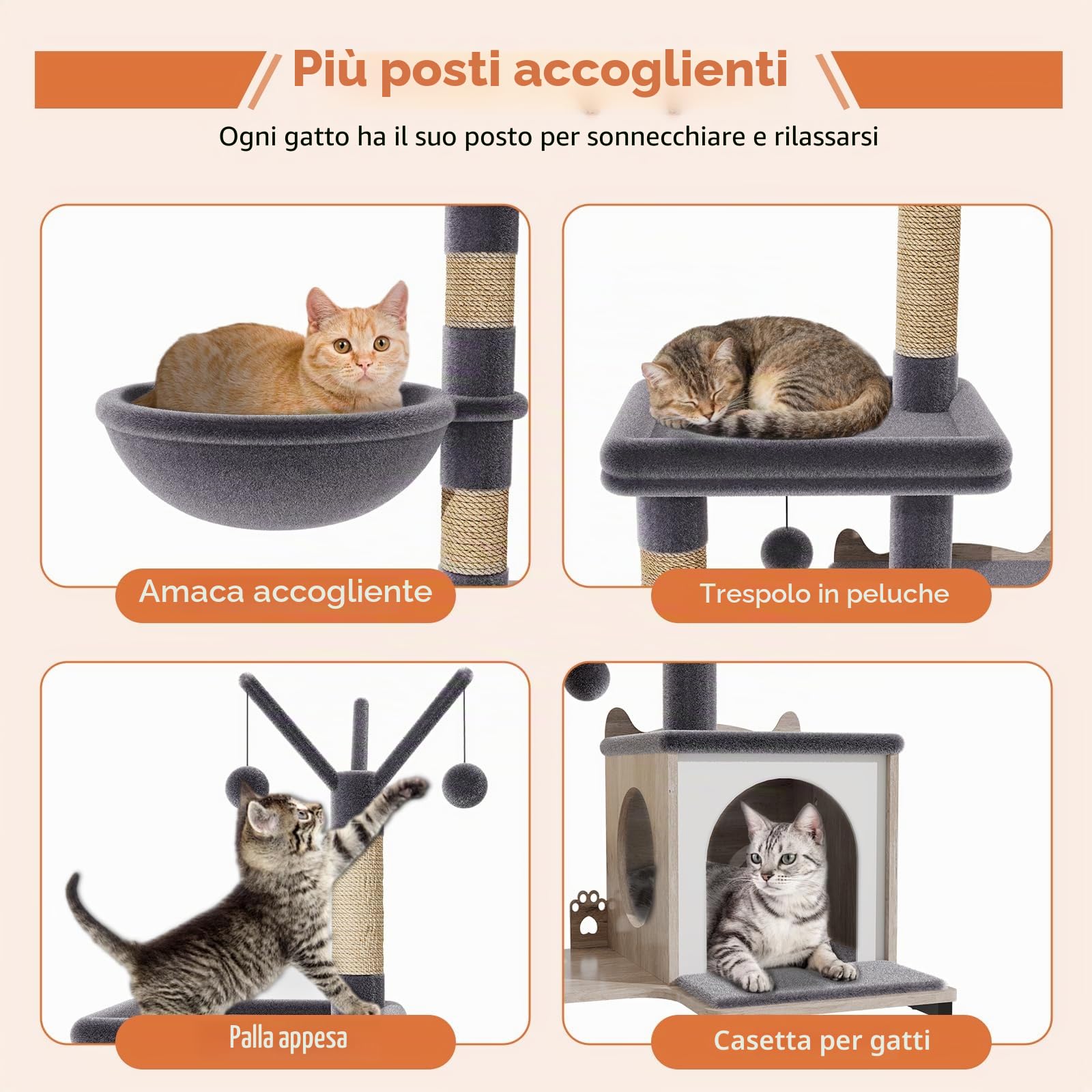 HavenlyYouth Albero per gatti con ciotole per cibo e lettiera, torre per gatti a più livelli con pali in sisal per giocare, amaca in peluche grigia per accogliere