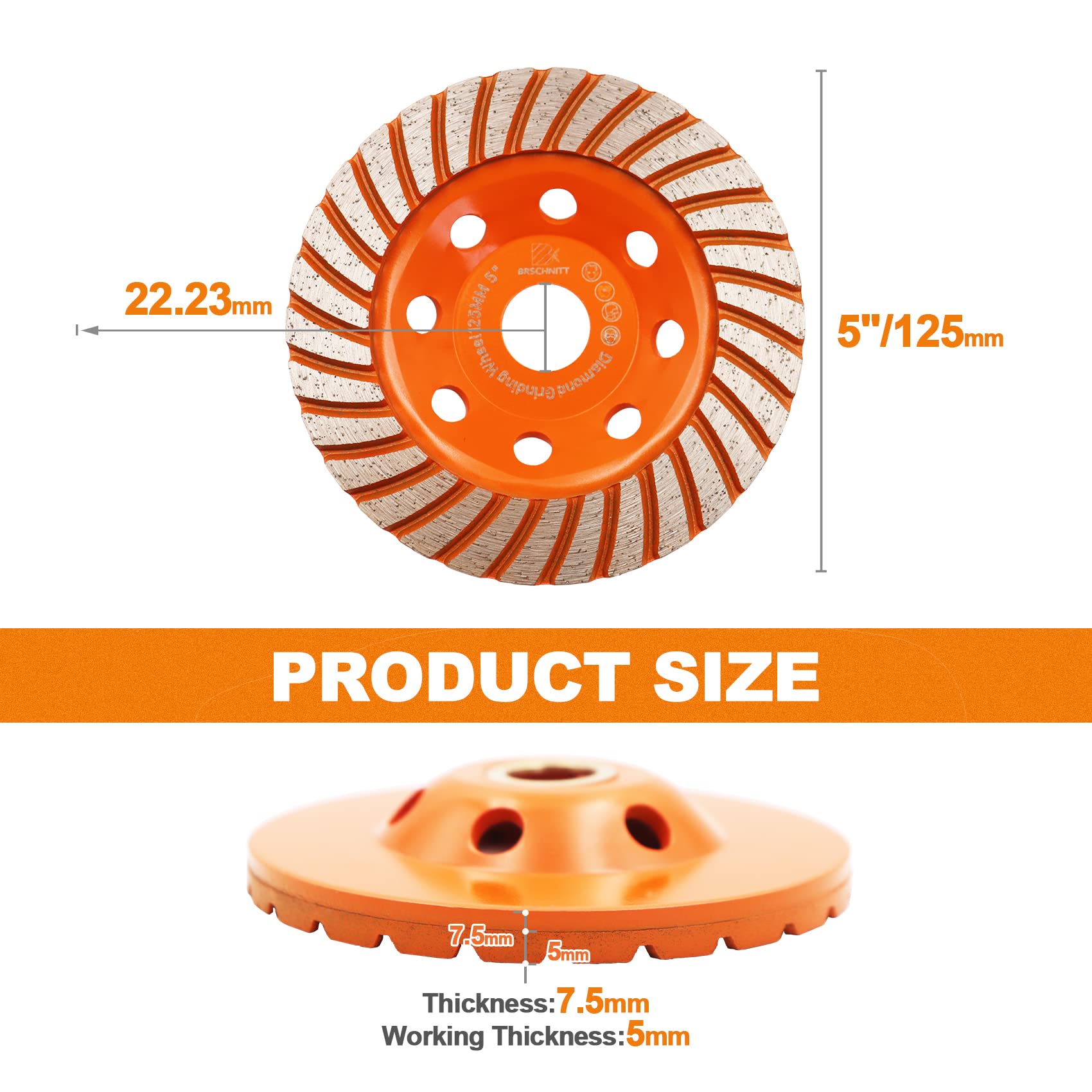 Disque Diamant,Meule assiette diamantée 125mm - BRSCHNITT béton universel 125 mm x 22,2 mm meule double rangée