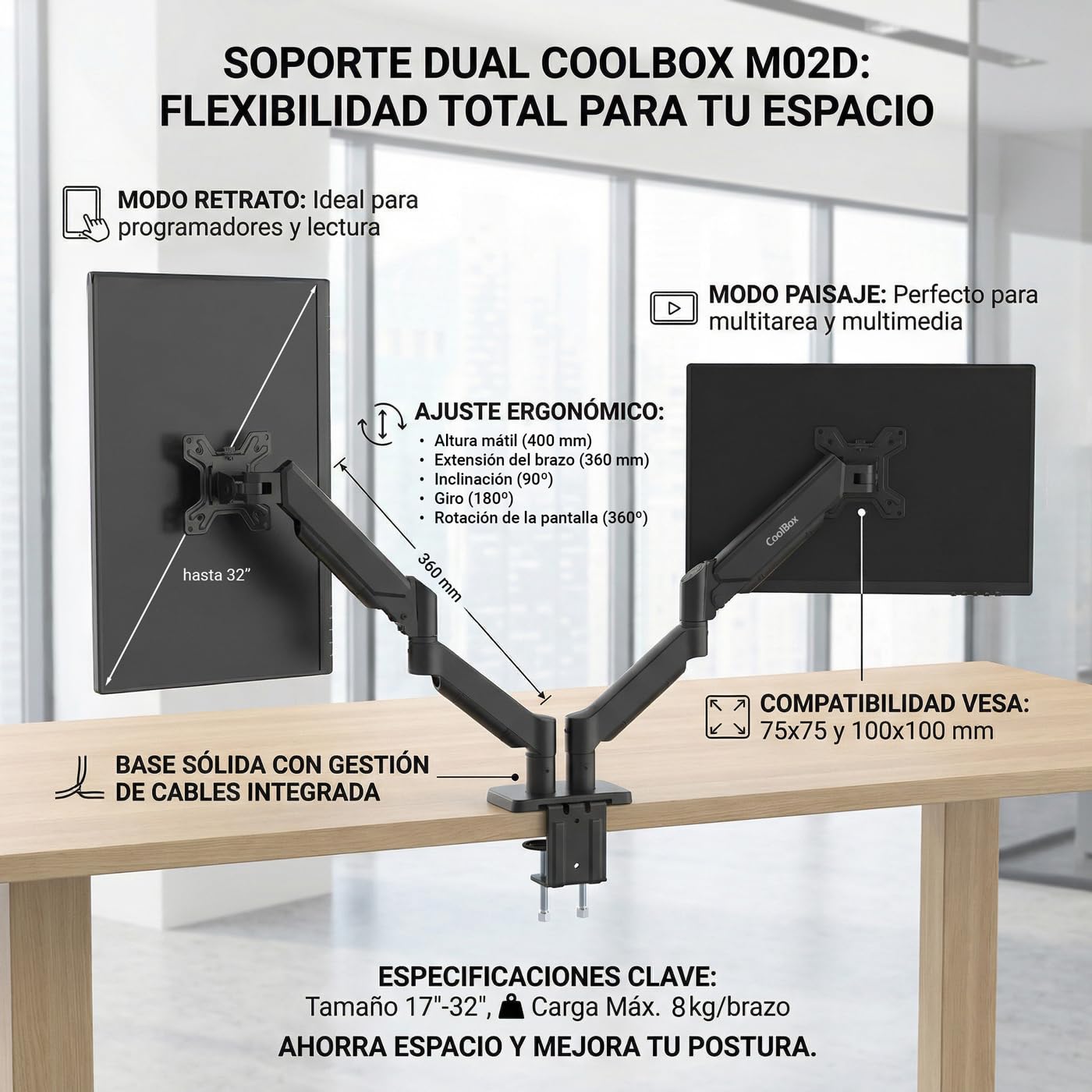 CoolBox M02D - Brazo Monitor Doble para Pantallas hasta 32", hasta 8Kg en Cada Brazo, Altura, Inclinación y Giro Ajustables, Rotación Monitor Vertical, VESA 75x75/100x100, Negro