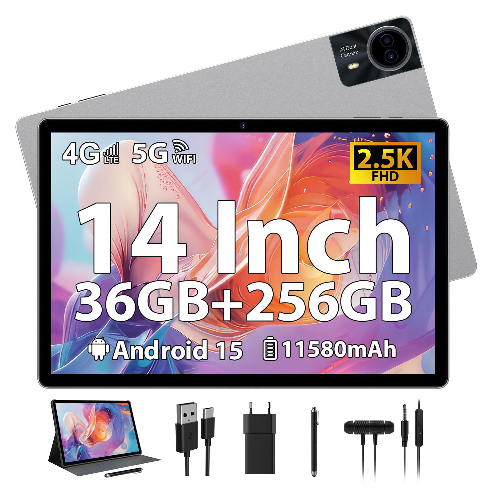 RUSHAR Tablet Android 15 con 4G LTE/SIM, Tablet 14 Pollici, 36GB RAM +256GB ROM (1TB TF), 5G WiFi/11580mAh/INCEL 2240x1400/Octa-Core/13MP+8MP/Face ID/GPS/18W, Tablets in offerta con Fondina, Silver