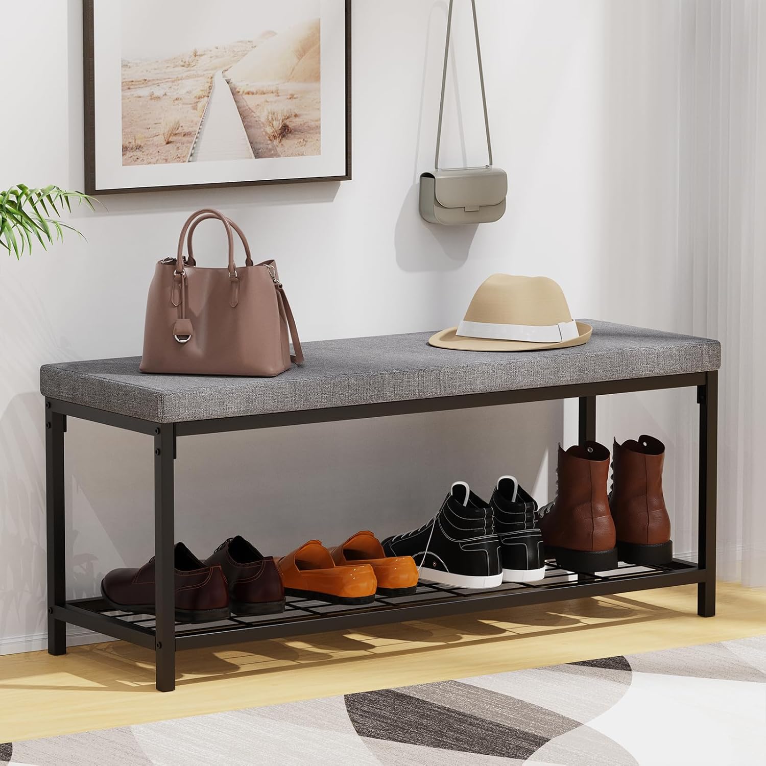 Shoe Bench, 43.3" Entryway Bench with Cushion Seat, Shoe Rack Bench with Storage, Modern Style, Holds Up to 350 lb, for Living Room, Bedroom, Hallway, Grey