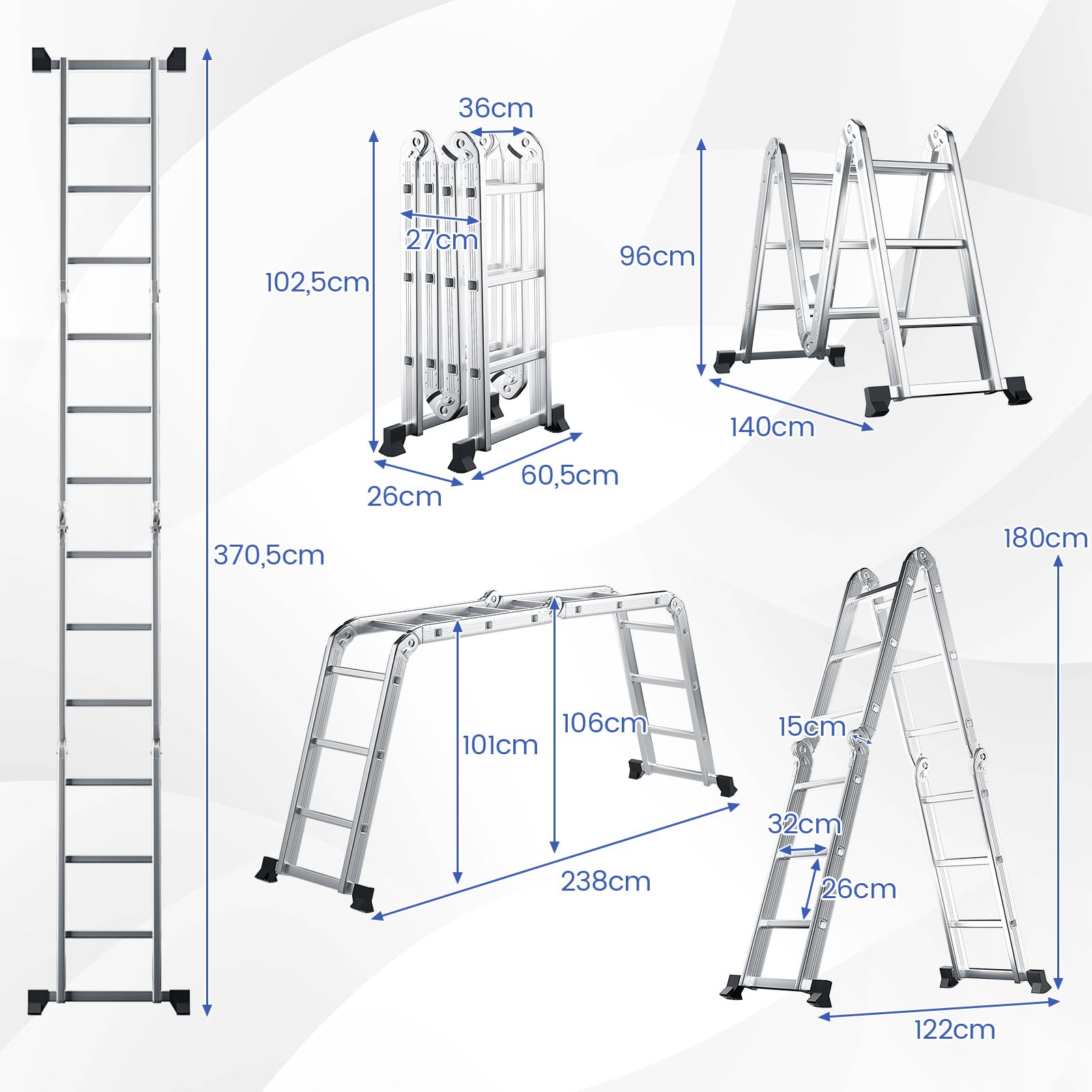 COSTWAY Échelle Pliable en Aluminium 7 en 1 de 370,5 cm, Échelle Multifonction avec Marches et Plate-Forme Antidérapants, Charge Max 150KG, pour Maison et Extérieur