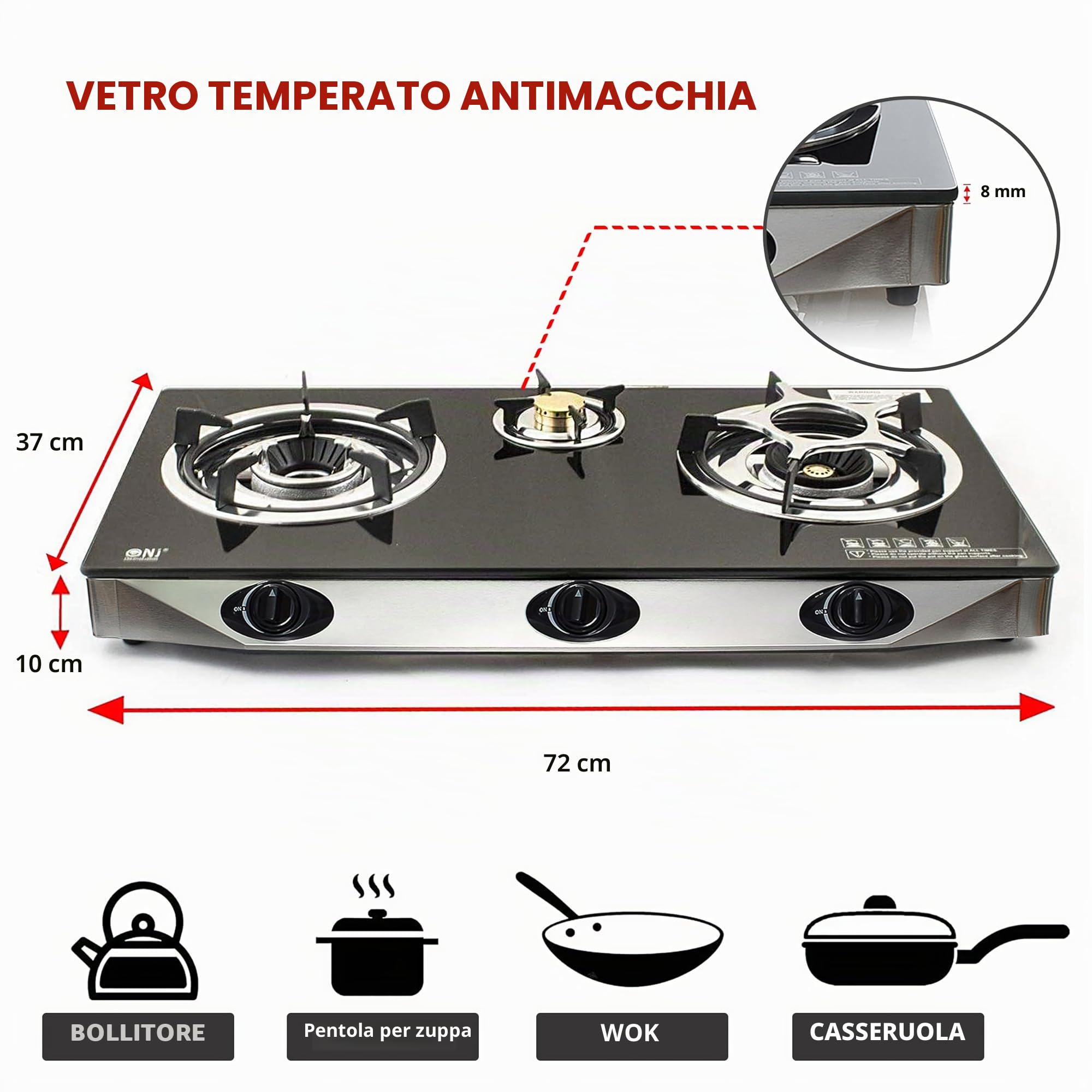 NJ NGB-S3 Fornello a Gas - 3 Fuochi Piano Cottura Portatile Interna GPL
