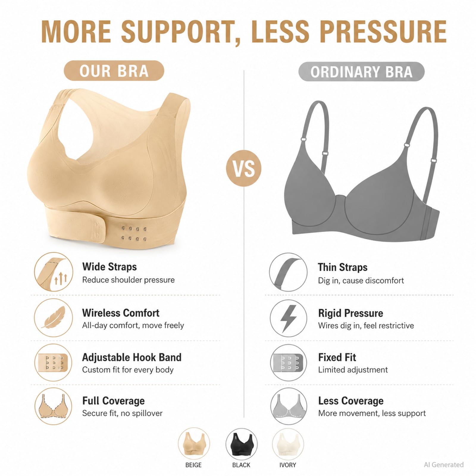 Reggiseno senza ferretto da donna con chiusura frontale incrociata | Spallacci larghi, coppe sagomate, fascia con gancio regolabile, nero avorio e beige, uso quotidiano, yoga, passeggiate