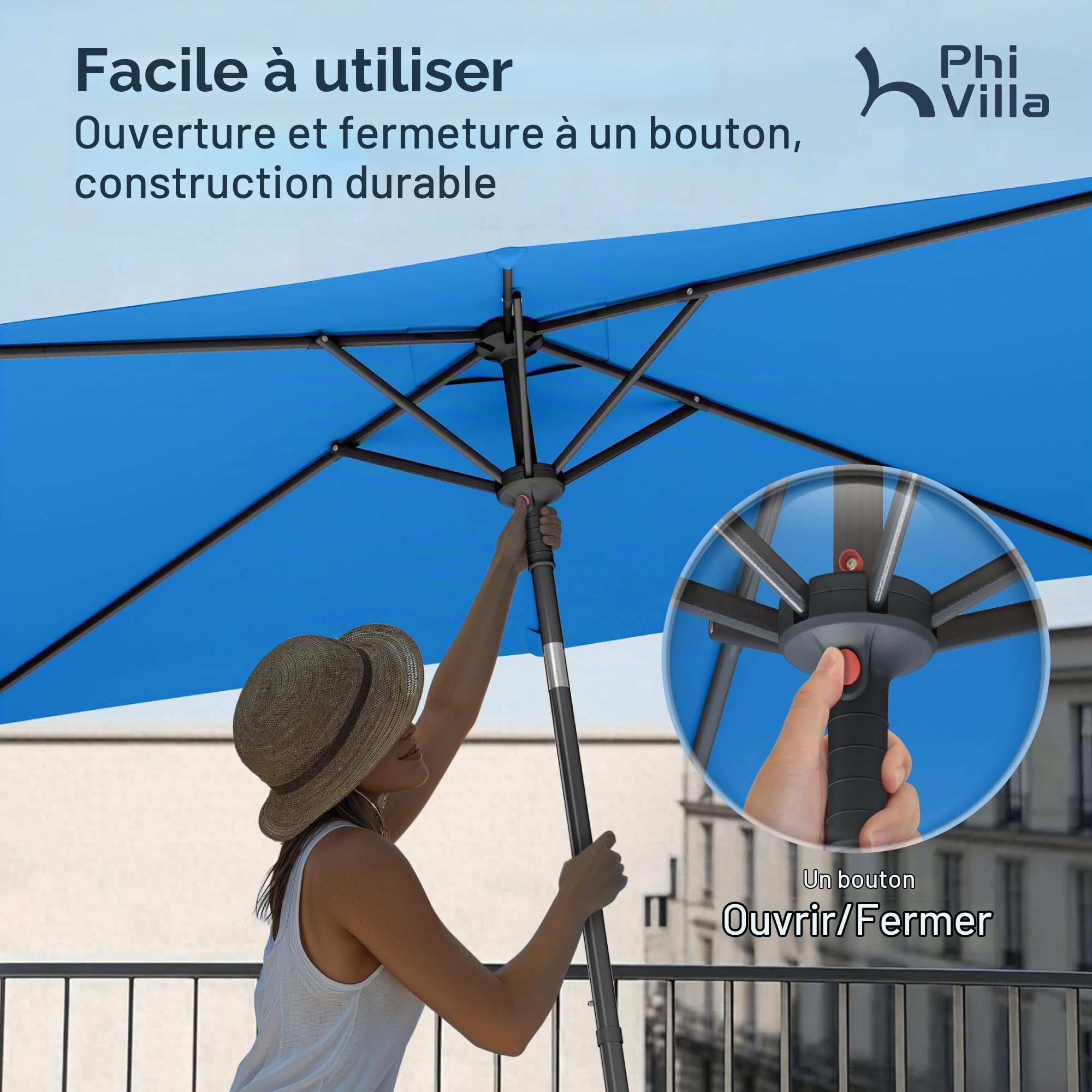 PHI VILLA Parasol rectangulaire avec pince - 210 x 140 x 220 cm - Inclinable - Résistant au vent - Stable à emporter - Protection UV50+ - Pour balcon, terrasse, balustrade, table
