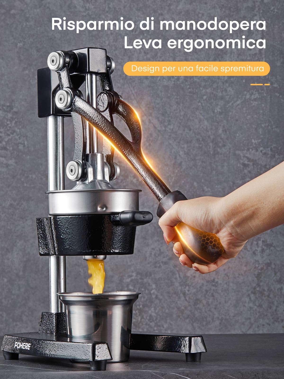 Spremiagrumi Manuale FOHERE, Professionale Limone Manuale per Agrumi Commerciali per Arance, Limoni, Melograno, Pompelmi, Spremiagrumi Facile da Pulire con Tazza in Acciaio Inossidabile