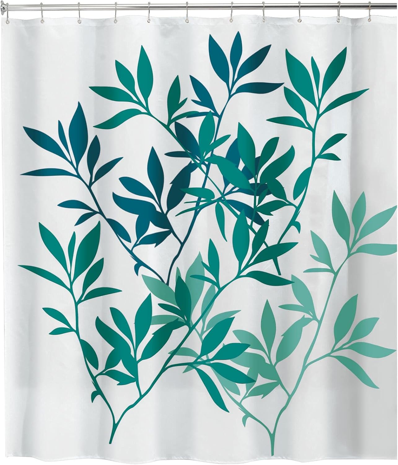 mDesign Decorative Leaves Print, Easy Care Fabric Shower Curtain with Reinforced Buttonholes, for Bathroom Showers, Stalls, and Bathtubs, Machine Washable - 72" x 72" - Teal Blue/White