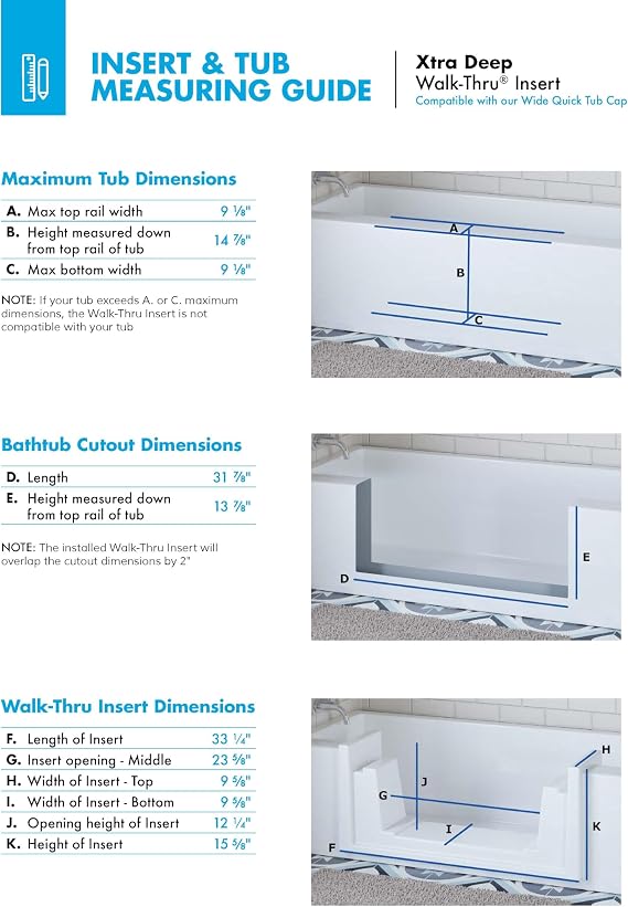 Walk-Thru Insert Accessibility Kit - Bath to Shower Conversion, White (Wide)