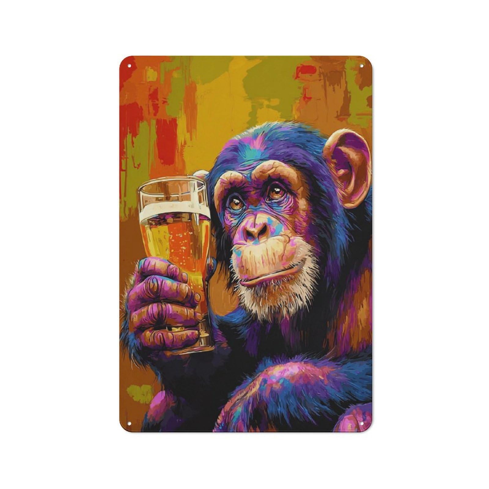Junmoney Colorful Chimpanzee With Beer Glass Rustic Metal Plaque 30X20cm For Hobby Room Or Studio, For Creative Interior Collectors
