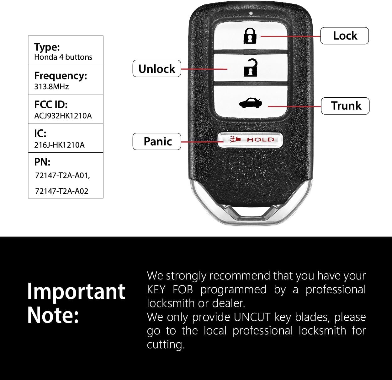 Replacement for 2013 2014 2015 Honda Accord EX Touring Models Civic Key Fob Remote Control ACJ932HK1210A 4 Buttons 313.8MHz