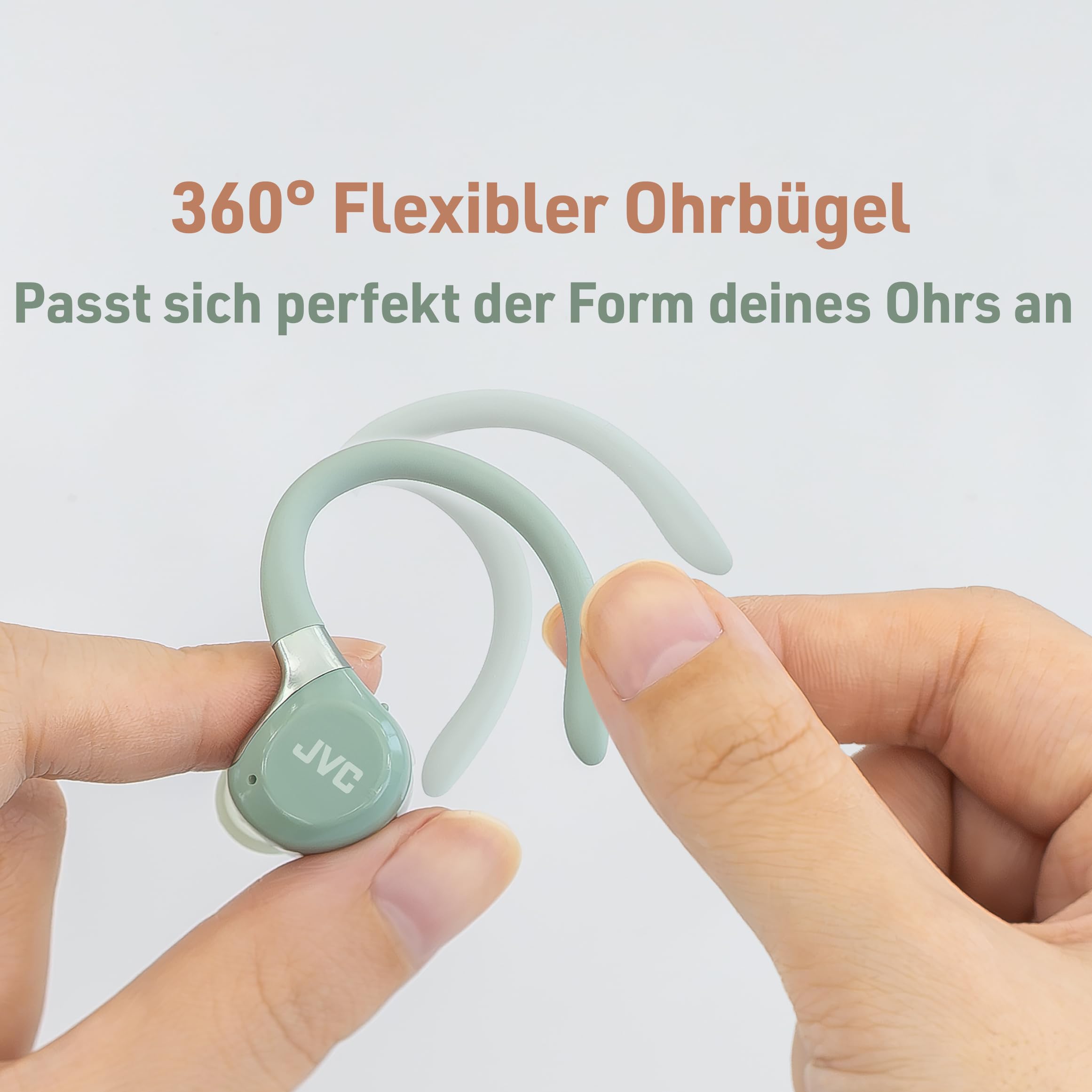 Fitness Series True Wireless Sport-Kopfhörer mit verstellbaren Bügeln, Active Noise Cancelling, Umgebungsmodus, IP57, 40 Std. Akkulaufzeit, App-EQ, geringe Latenz, Mikrofon – JVC HA-EC75T-G Grün