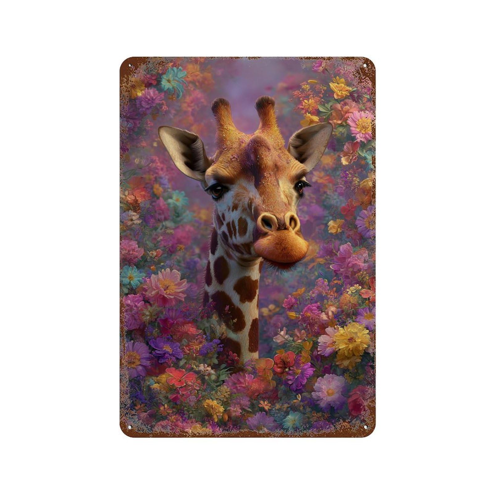 Giraffe in Flower Garden-3 Aged Metal Wall Plaque 11.8"x7.9", Classic Wall Plaque for Garage, Pub Or Kitchen
