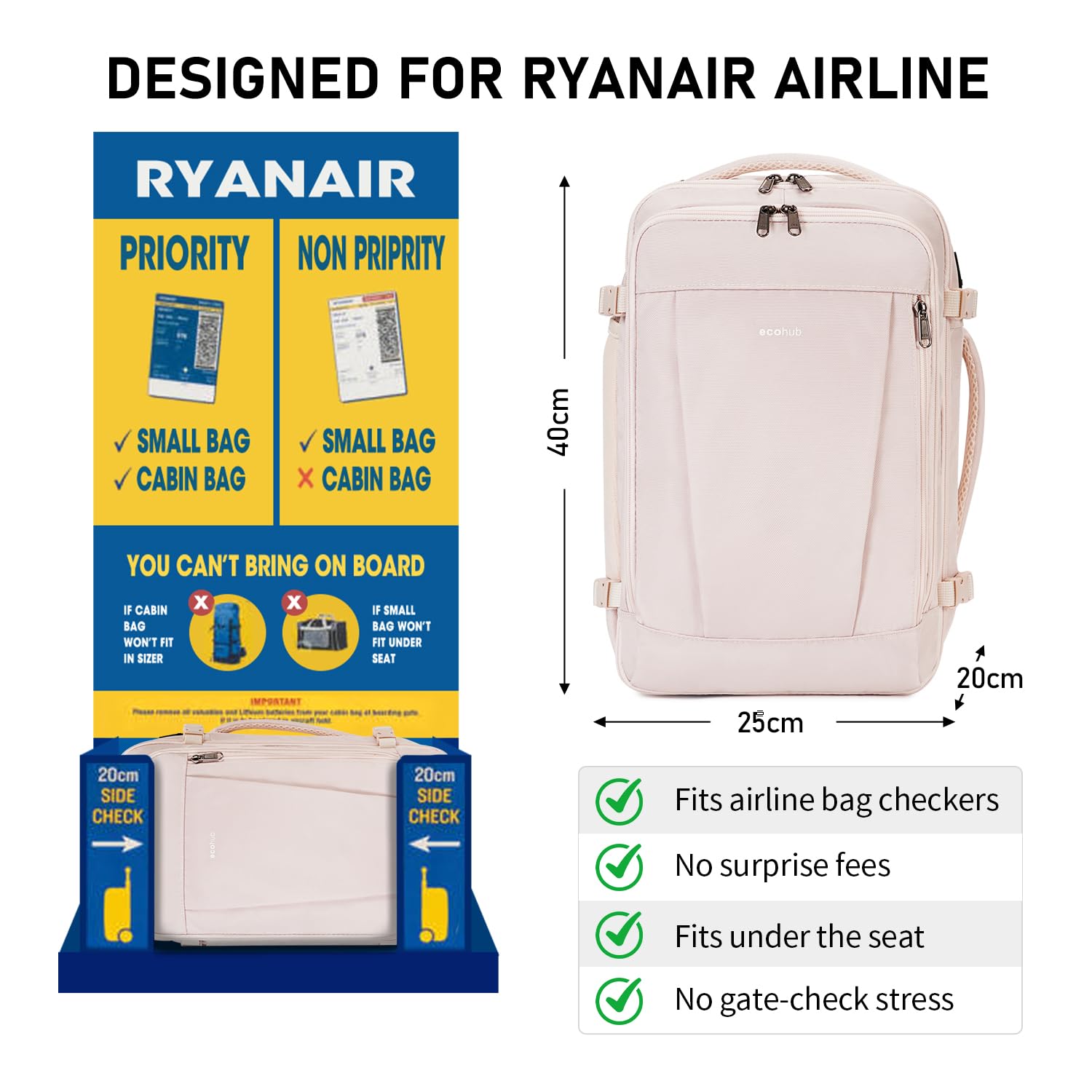 ECOHUB Ryanair Bagaż Podręczny 40x20x25, 20L Lekki Plecak Podróżny do Samolotu, Wodoodporny Torby Kabinowe, Recykling PET Torby Podręczne, Plecak na co dzień, Torba kabinowa Damski Męski(Beżowy)