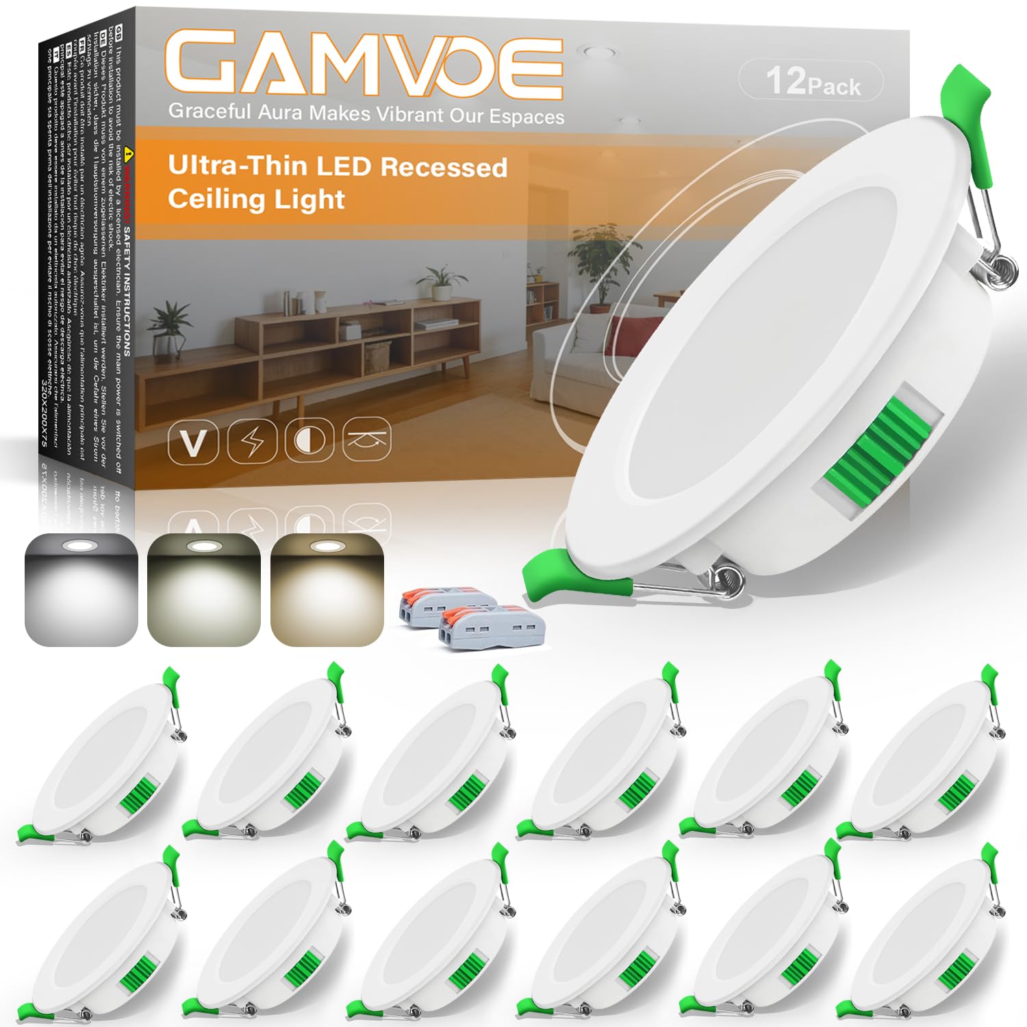 Downlights for Ceiling,GAMVOE Recessed Ceiling Light 5W 3CCT+Dimmable LED Downlight 2700K/4000K/6000K Adjustable IP44 Ultra Slim Bathroom Spotlight Cut Diameter 66-87mm for Kitchen,Living Room(12Pack)