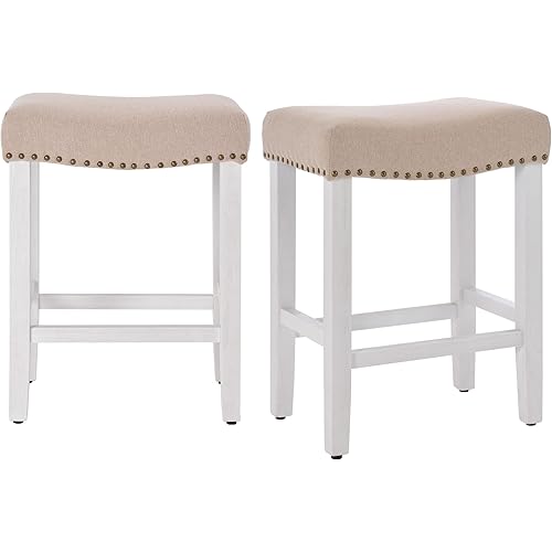Bar Stools Set of 2,24 Inch Counter Height Barstools for Kitchen Island,Vintage Nailhead Trim Saddle Backless Bar Stools(Beige