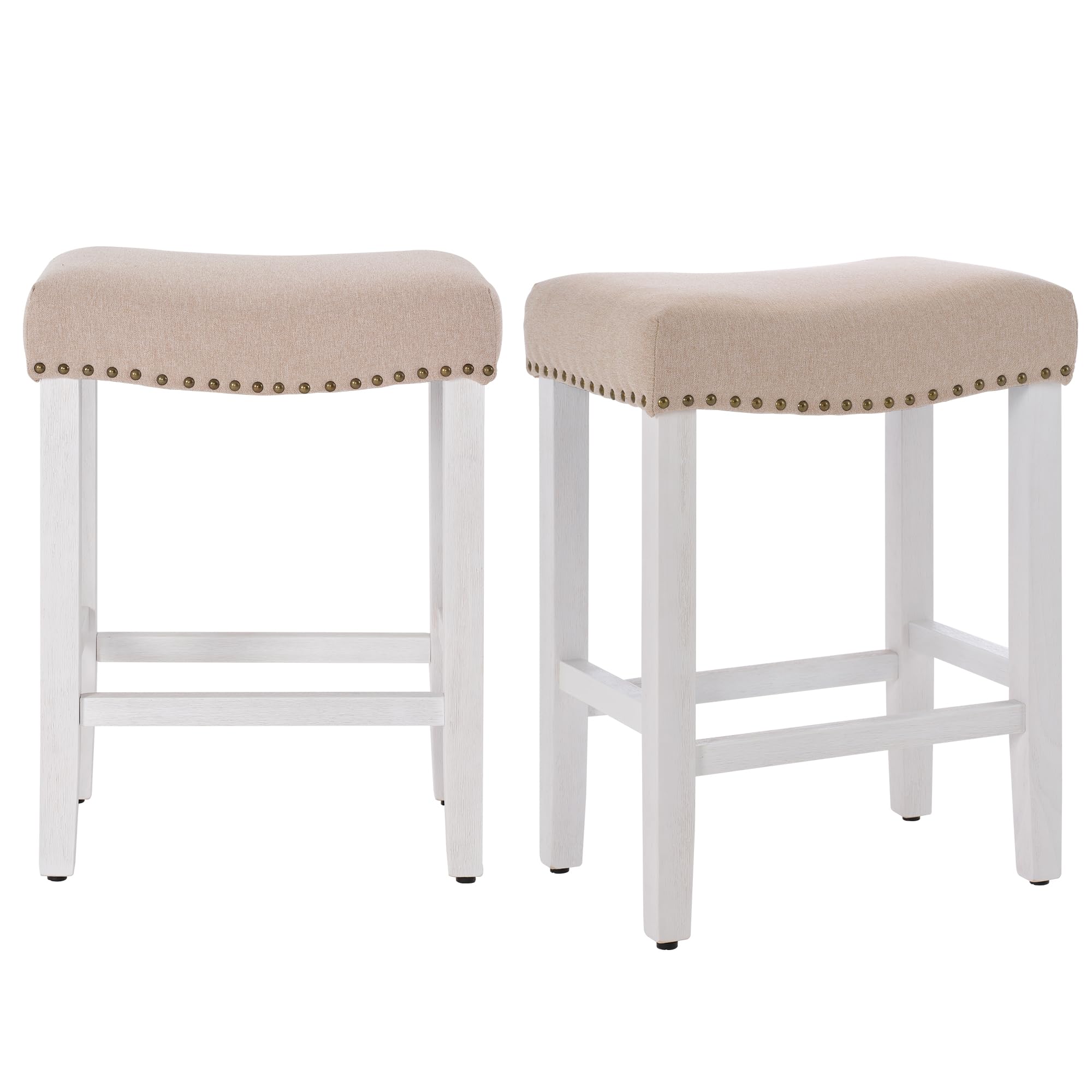 Bar Stools Set of 2,24 Inch Counter Height Barstools for Kitchen Island,Vintage Nailhead Trim Saddle Backless Bar Stools(Beige