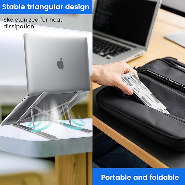GrandMil GrandMil Adjustable Laptop Stand for Desk – Foldable & Portable ABS+Silicone Riser, Ventilated Cooling Holder for 10-17.3” Laptops & Tablets (Black) in use