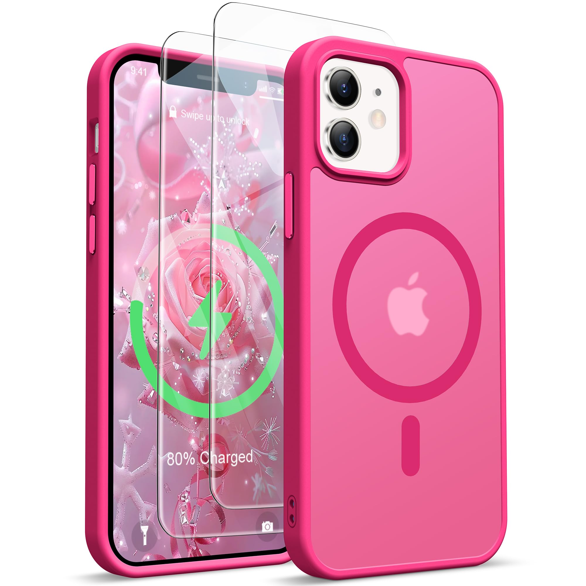 ORETECH für iPhone 12 Hülle 6,1 Zoll mit 2 Schutzfolie, Kompatibel mit Mag-Safe, Stoßfest Kratzfeste Matt Durchscheinende Rückseite Magnetisch Handyhülle für iPhone 12/12 Pro,Heißes Rosa