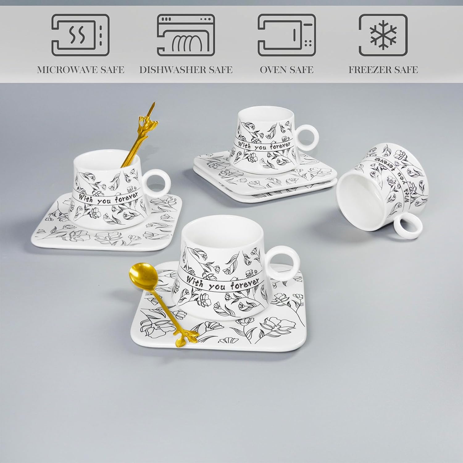 Espresso Cup Set, Small Coffee Cups with Saucers and spoon(12-piece), 6.1oz Porcelain with Black Pattern Espresso Cup, Perfect for Tea, Turkish, Greek, and Arabic Coffee, White