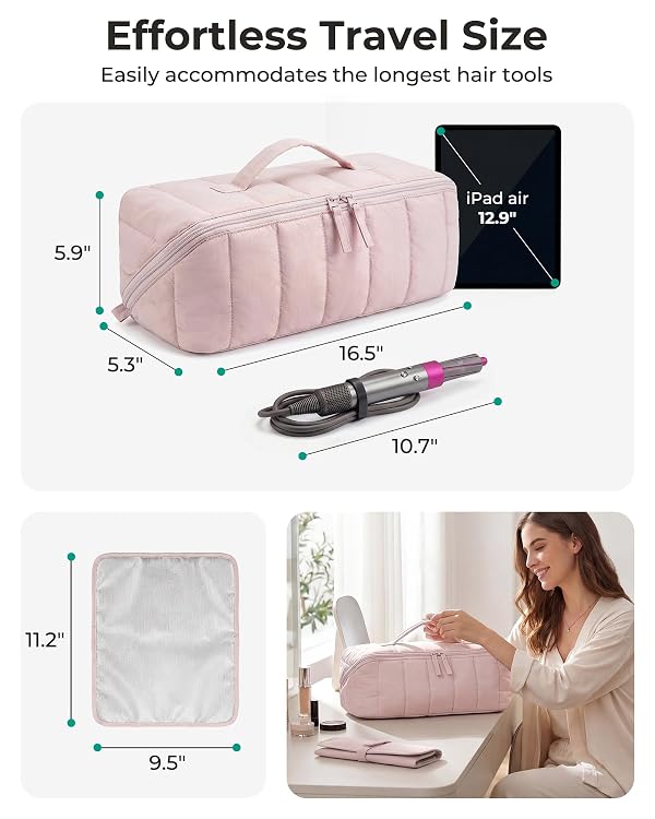 BAGSMART Hair Tool Organizer Travel Bag Compatible with Dyson Airwrap, Shark Hair Dryer, Wide-open Accessories Organizer with Heat Resistant Mat, Makeup Bag for Dyson Attachments, Curling Iron, Khaki by BAGSMART - Image 8