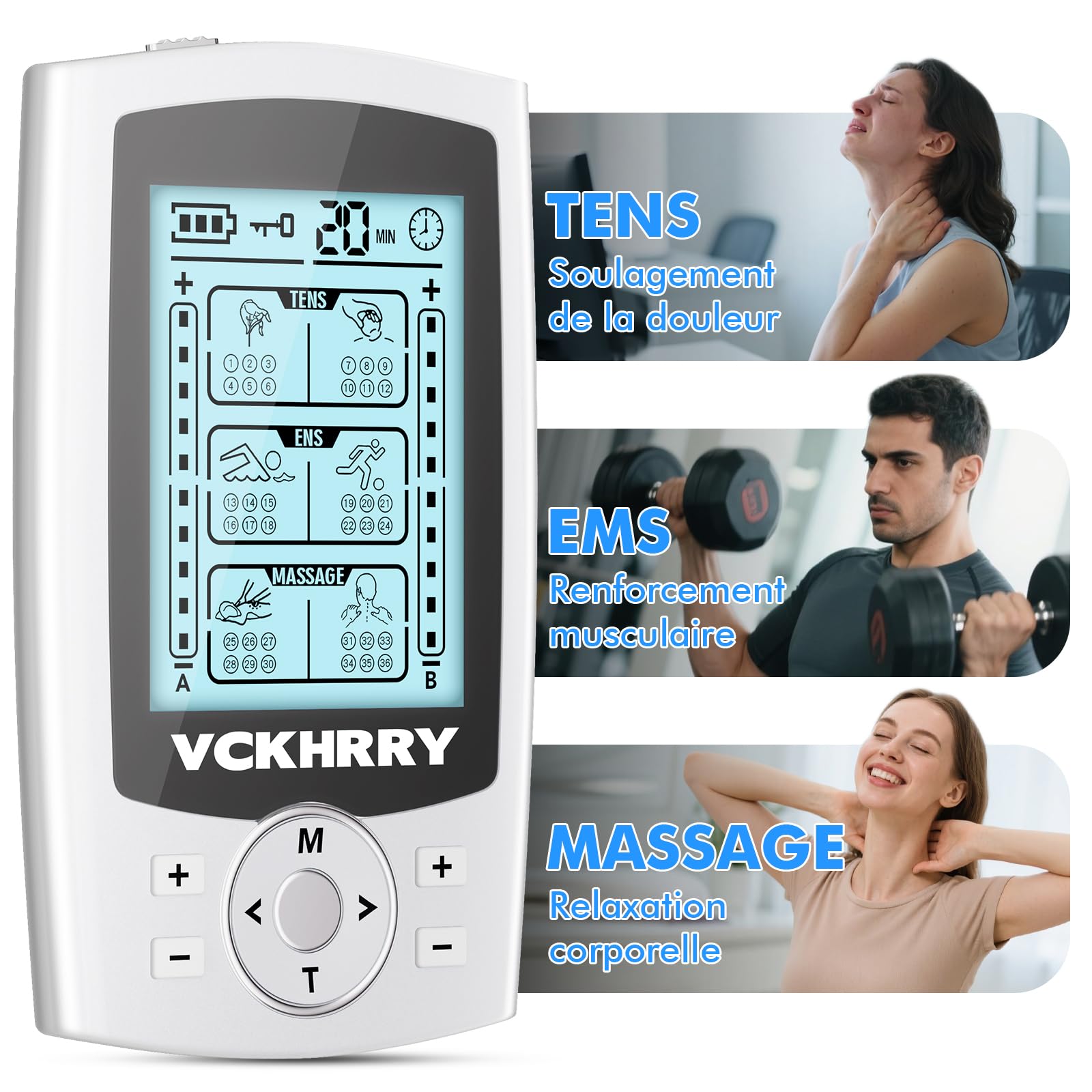 3 EN 1 TENS EMS Électrostimulateur Musculaire pour le soulagement de la douleur, la stimulation musculaire, avec 2 Canaux Indépendant, 36 Programmes de Massage, 10 électrodes