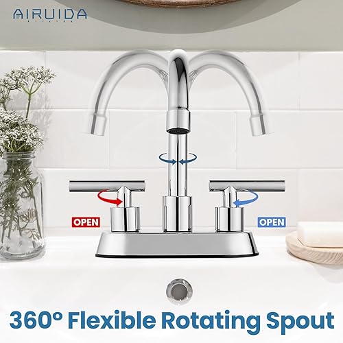Miniatura 4 de Airuida Grifo de baño central de 4 pulgadas, grifo de lavabo de baño de 2 manijas de acero inoxidable, grifo de tocador de baño de dos agujeros con
