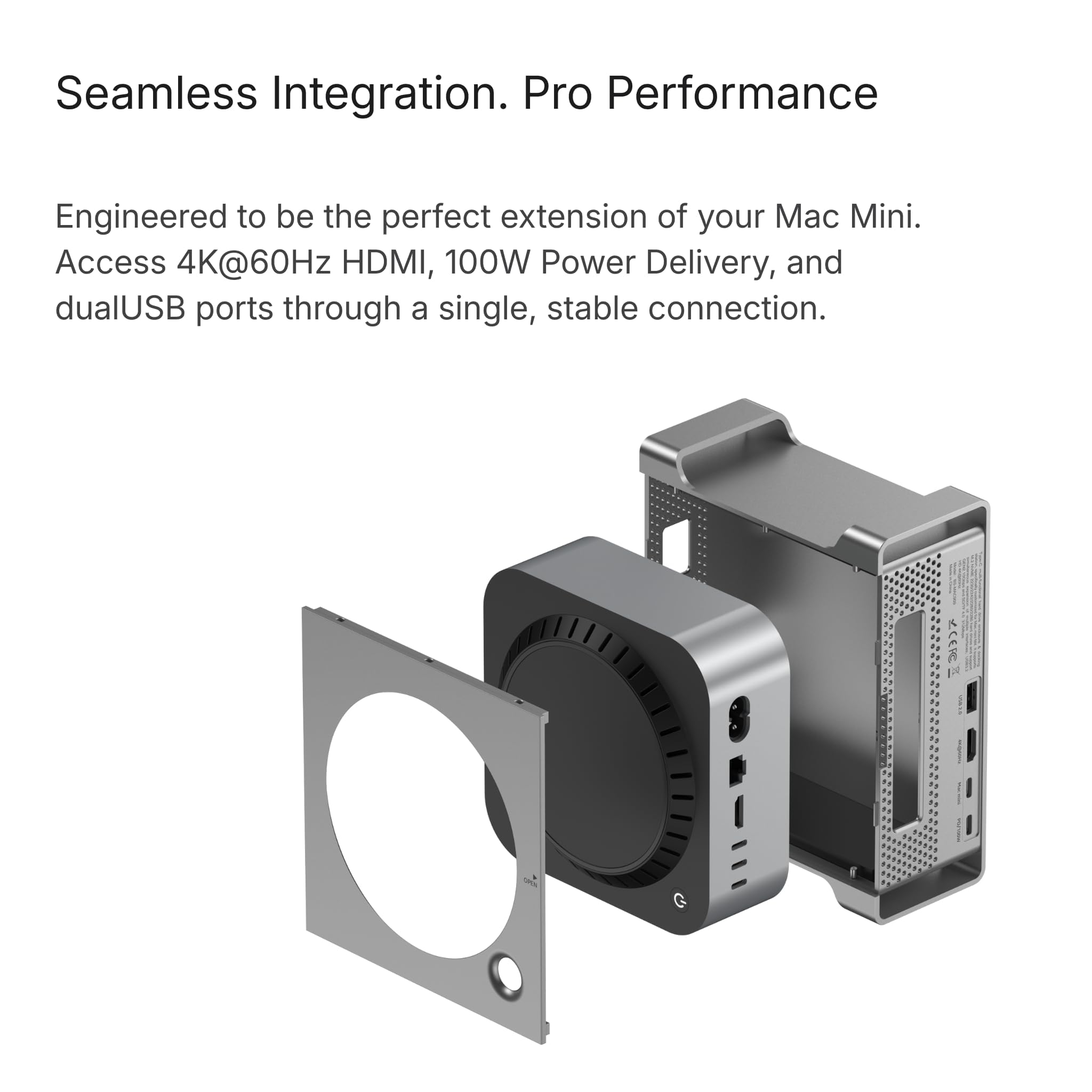 Station d'accueil 9 en 1 pour Mac mini avec boîtier SSD, support vertical en aluminium pour Mac Studio et Mini, HDMI 4K @ 60 Hz, 100 W PD USB-C, hub USB 3.2 10 Gbit/s, support M.2 NVMe SATA, argent