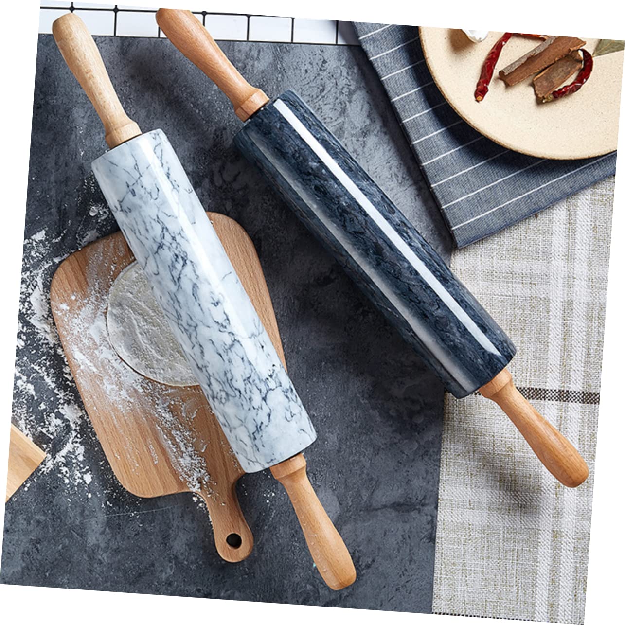 Cabilock Rodillo de Repostería Mango de Madera y Base de Mármol para Hornear Galletas, Pasteles y Pizza Cocina