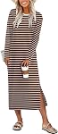 ANRABESS Long Sleeve Midi Dresses for Women Fall Fashion Casual Vacation Crewneck Loose Split Striped Long Tshirts Dress