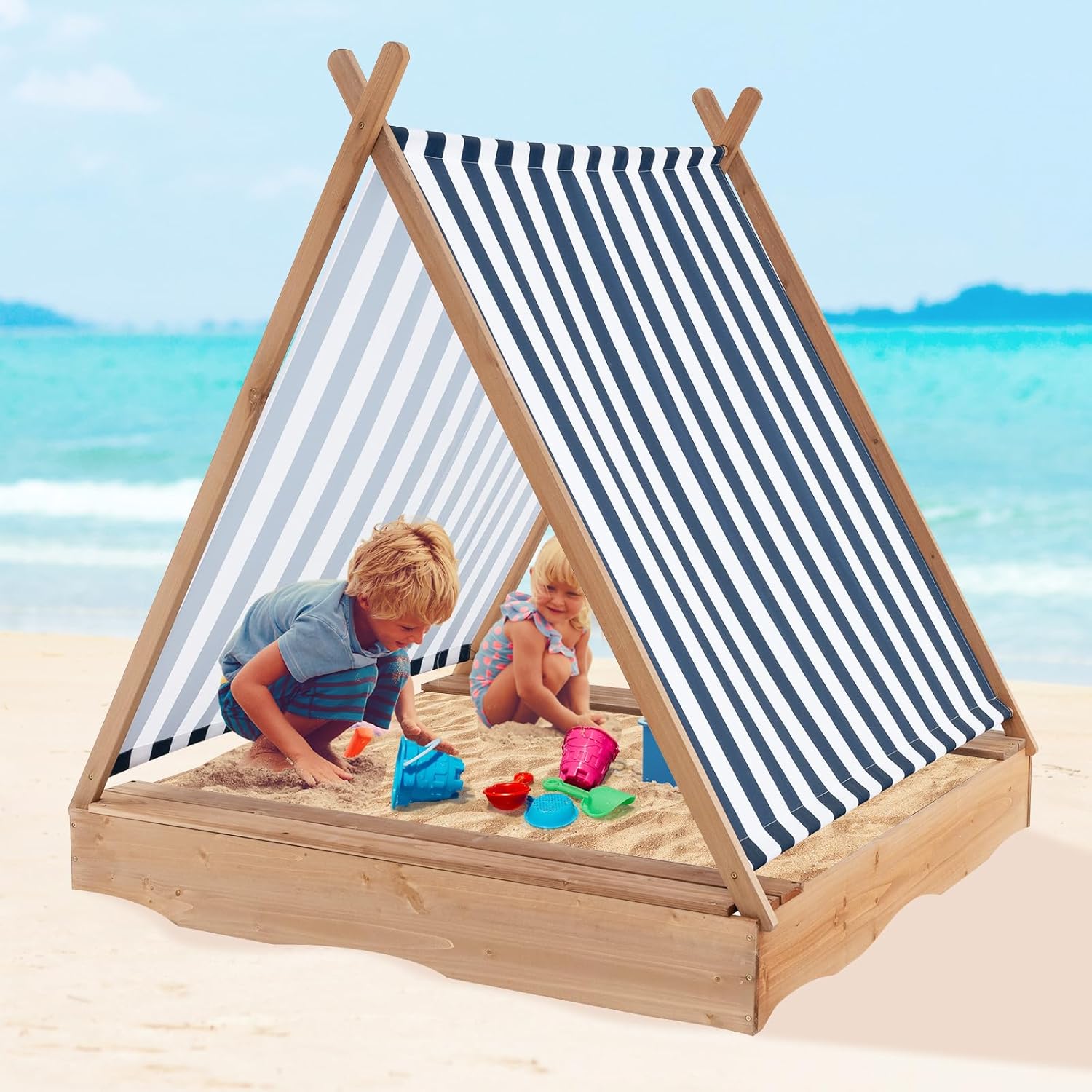 Costzon Kids Sandbox with Canopy, Large Triangular Wooden Sand Box w/ 2 Bench Seats, Blue and White Stripes for Children 1+ Years Old, Outdoor Cabana Sand Pit in Backyard, Garden and Beach