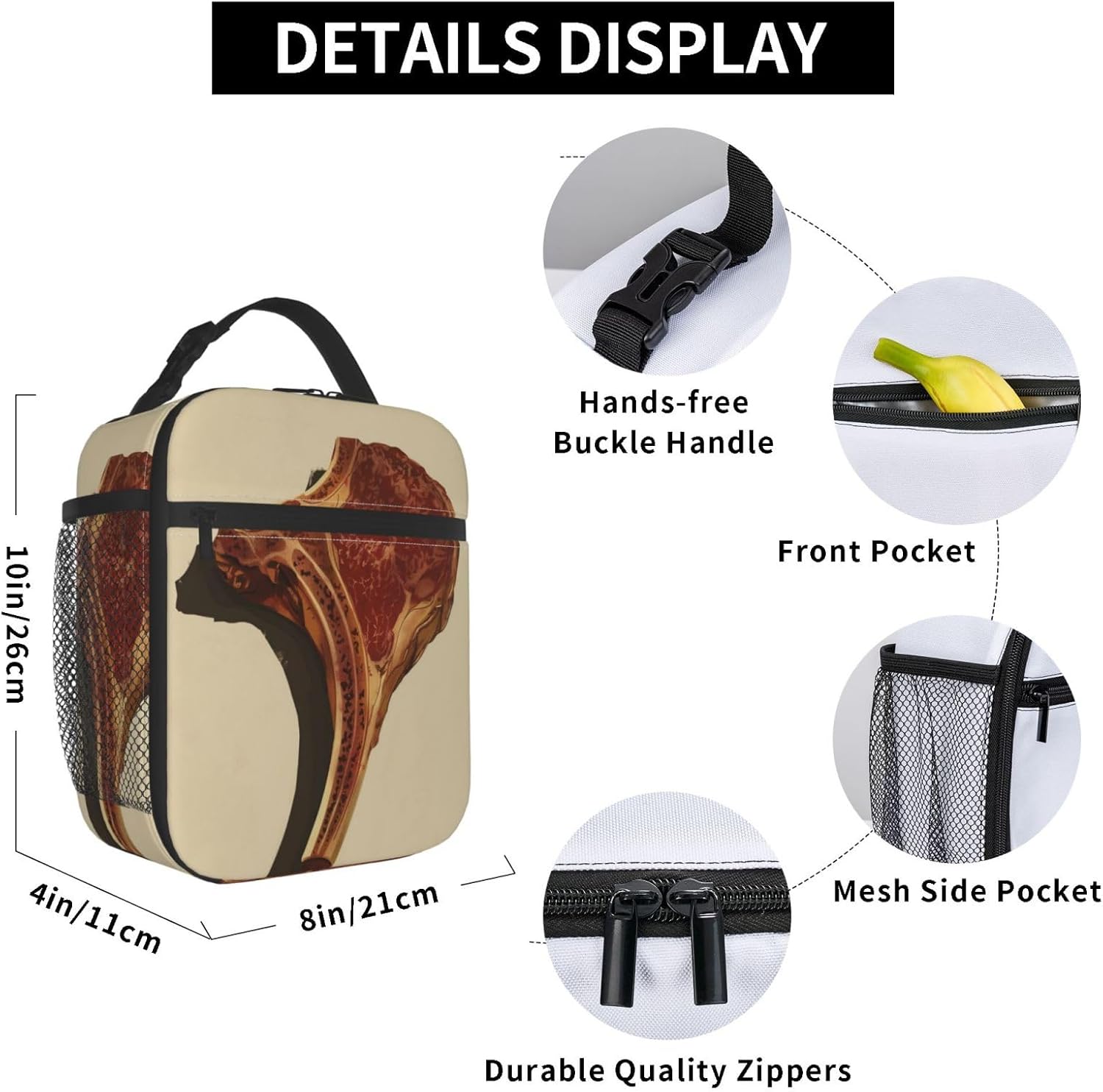 Steak Insulated Lunch Box for Kids Boys Girls, Lunch Box, Meat Reusable Lunch Bag for School, Office, Work, Picnic, Travel