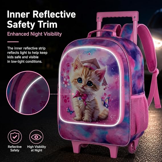 AGSDON 3PCS Rolling Backpack for Girls and Boys, Kids Roller Wheels Bookbag, Wheeled Elementary School Bag with Lunch Bag