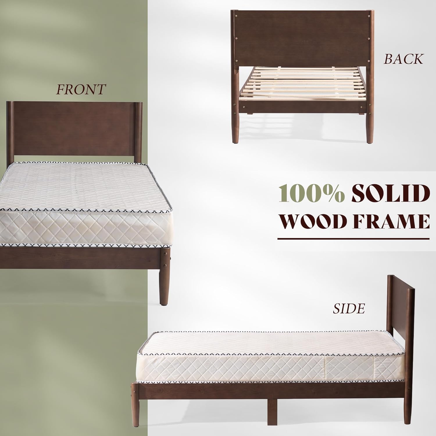 AMERLIFE Solid Wood Twin Bed Frame, Mid Century Modern Platform Bed with Full Panel Headboard, Noise-Free & Cylindrical Legs, No Box Spring Needed, Under-Bed Storage, Dark Walnut