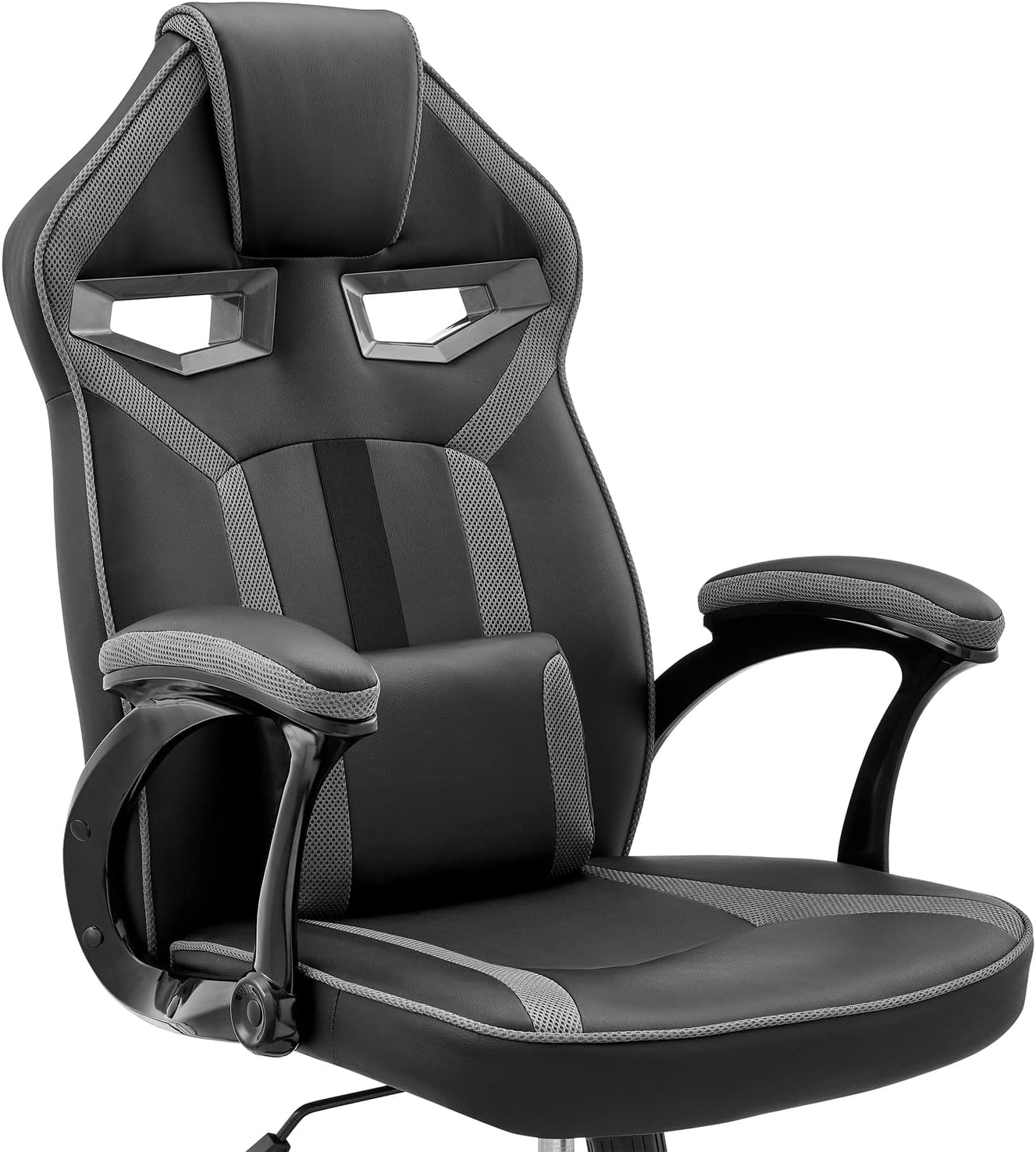 Armen Living Aspect Racing Chair with Lumbar Support Pillow, Height Adjustable 360° Swivel for Office or Gaming, Black Faux Leather and Dark Grey Mesh