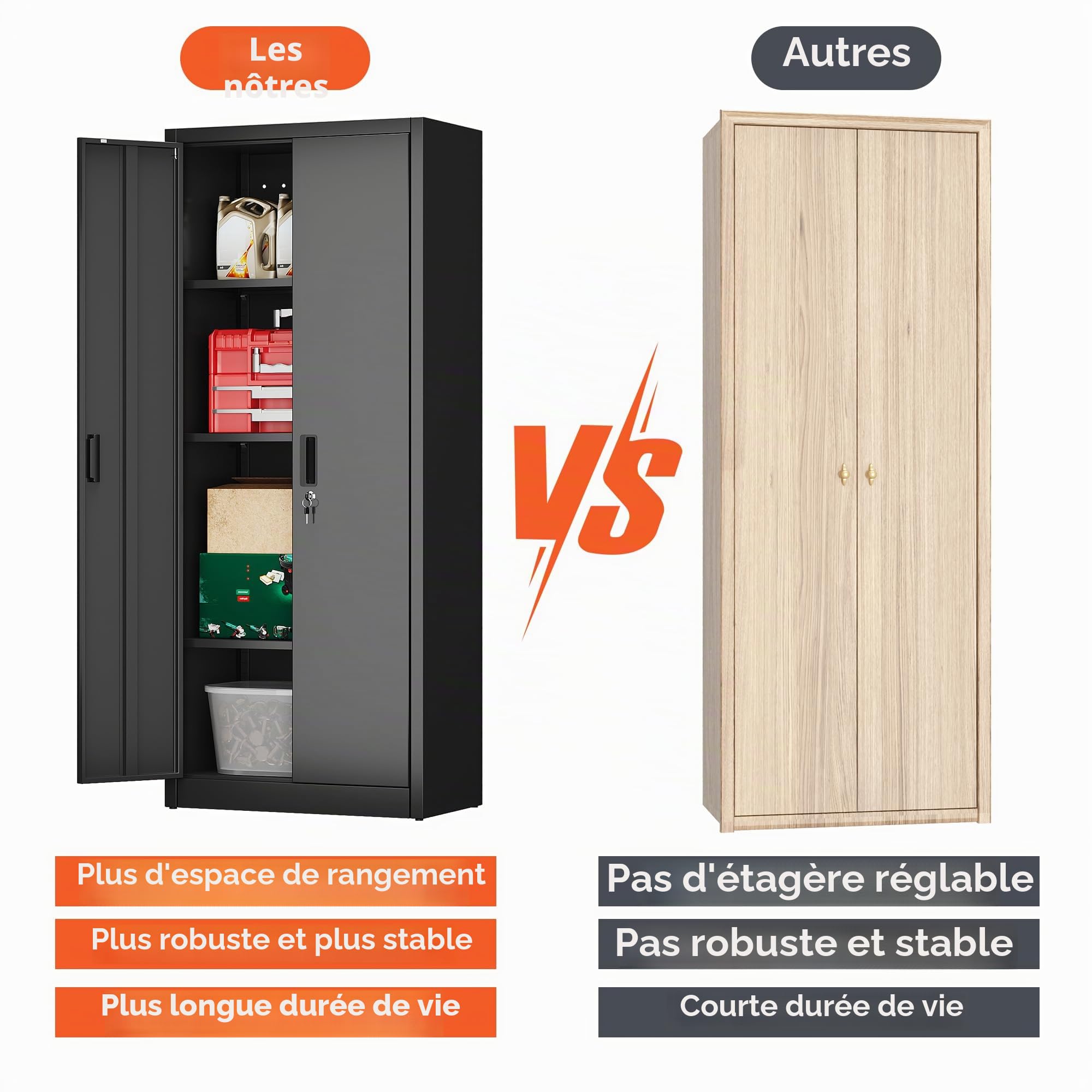 Armoire de rangement en métal avec 2 portes et 3 étagères réglables, armoire de rangement verrouillable de 170 cm, garage, maison, bureau, assemblage facile requis (noir)